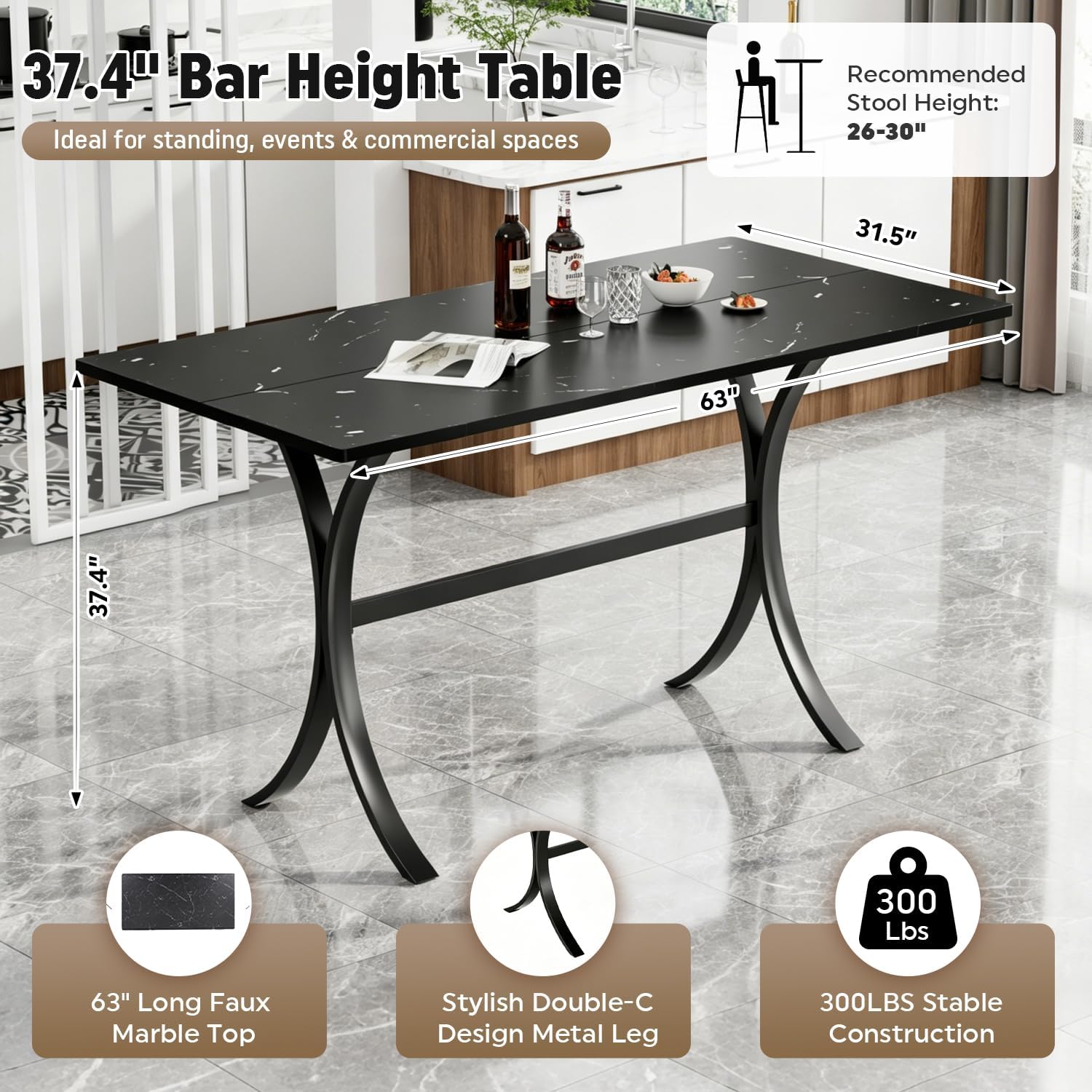 63-Inch Rectangle Bar Table, Modern Counter Height Pub Table with a Faux Marble Tabletop and Sturdy Metal Frame, Industrial Kitchen Dining Table for Home, Bar, Apartment