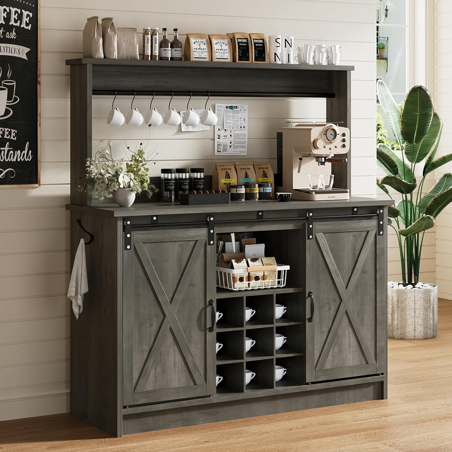 4ever2buy Farmhouse Coffee Bar Cabinet with Hutch, 47 Inch Wine Bar with Storage, Buffet Cabinet with Adjustable Shelves & 9 Wine Racks, Kitchen Buffet Cabinet for Dining Living Room, Grey