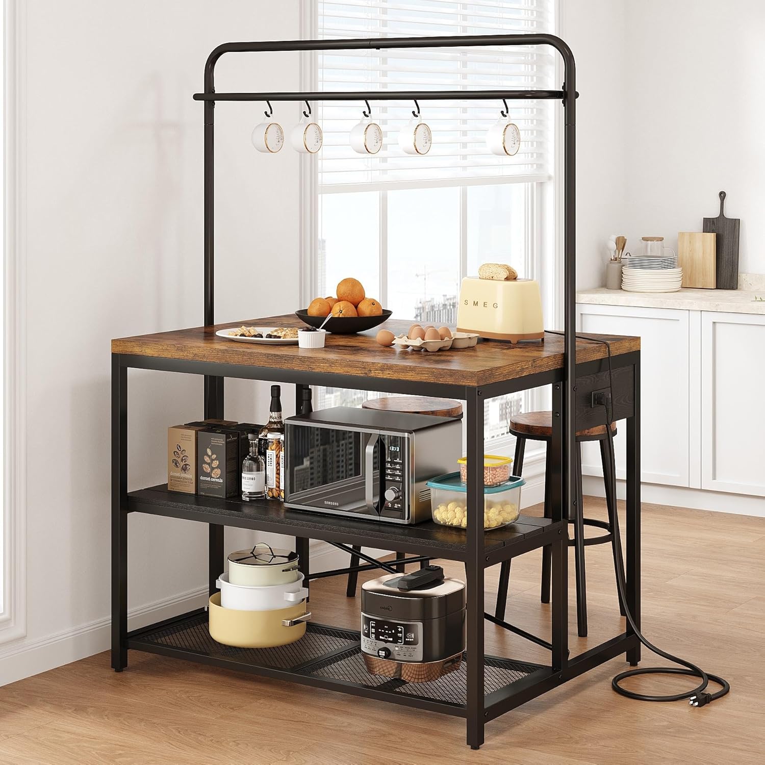 Jocoevol Kitchen Island with Storage, Bakers Rack with Storage & 3-Tier Shelves, Microwave Stand Coffee Bar Table with Hooks, Industrial Kitchen Island Table for Dining Living Room,Vintage