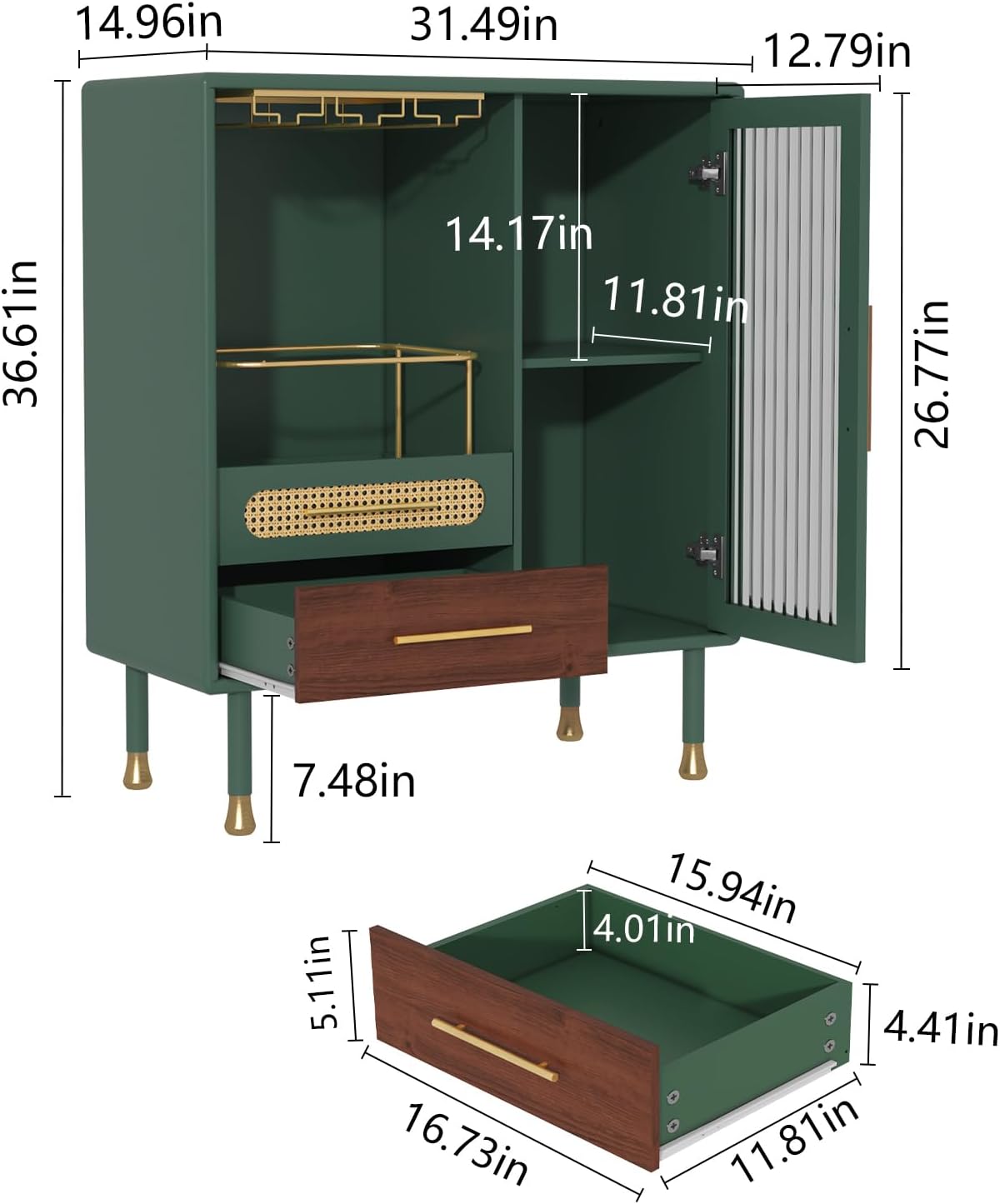 ARTPOWER Modern Coffee Bar Cabinet with Wine Glass Rack and Drawers, Green Liquor Cabinet with Pull-Out Wine Storage for Kitchen, Dining Room, Living Room