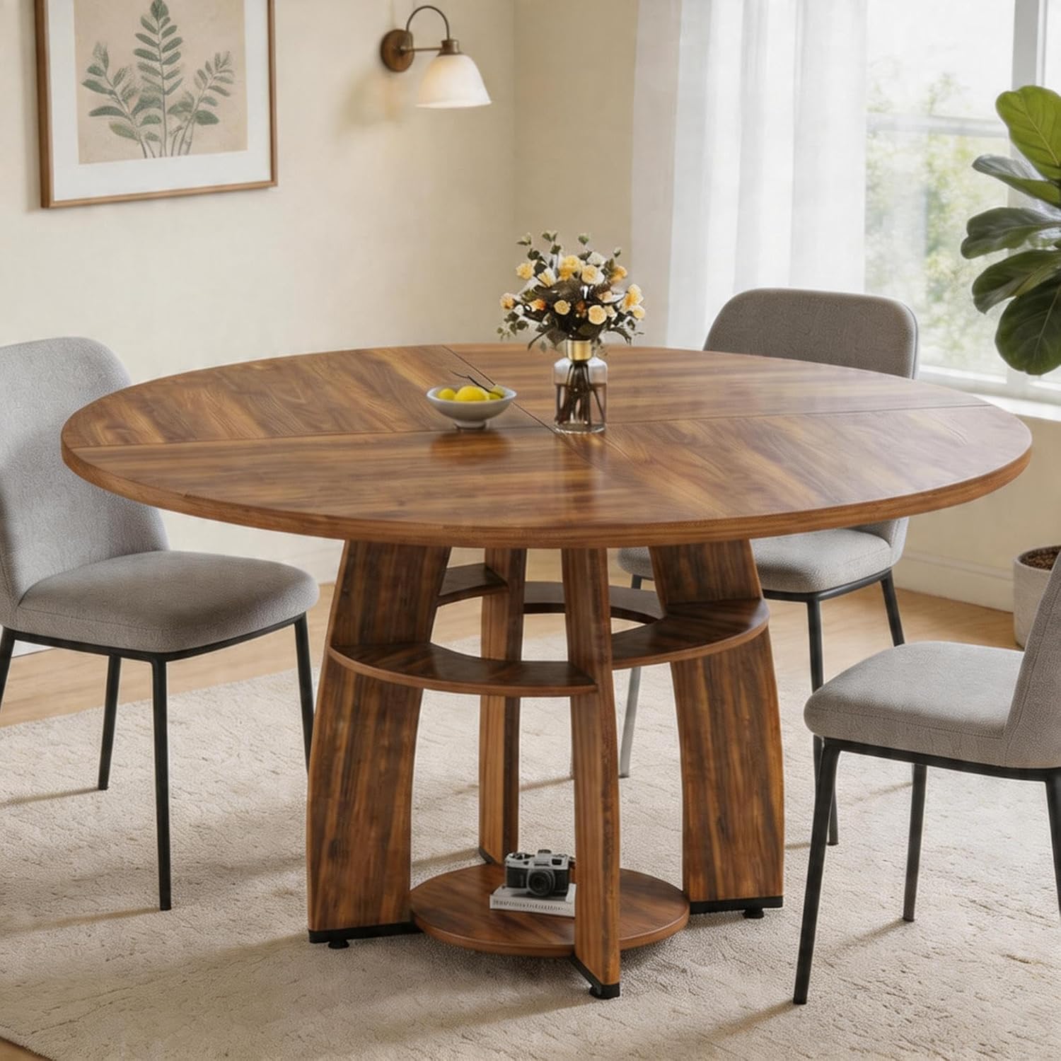 47 Inch Round Dining Table with Storage Shelf, 0.98” Thick Tabletop, Adjustable Feet, Easy to Clean & Assemble, Seats 4-6 People, Space-Saving Kitchen Table for Dining Room, Apartment, Walnut Wood