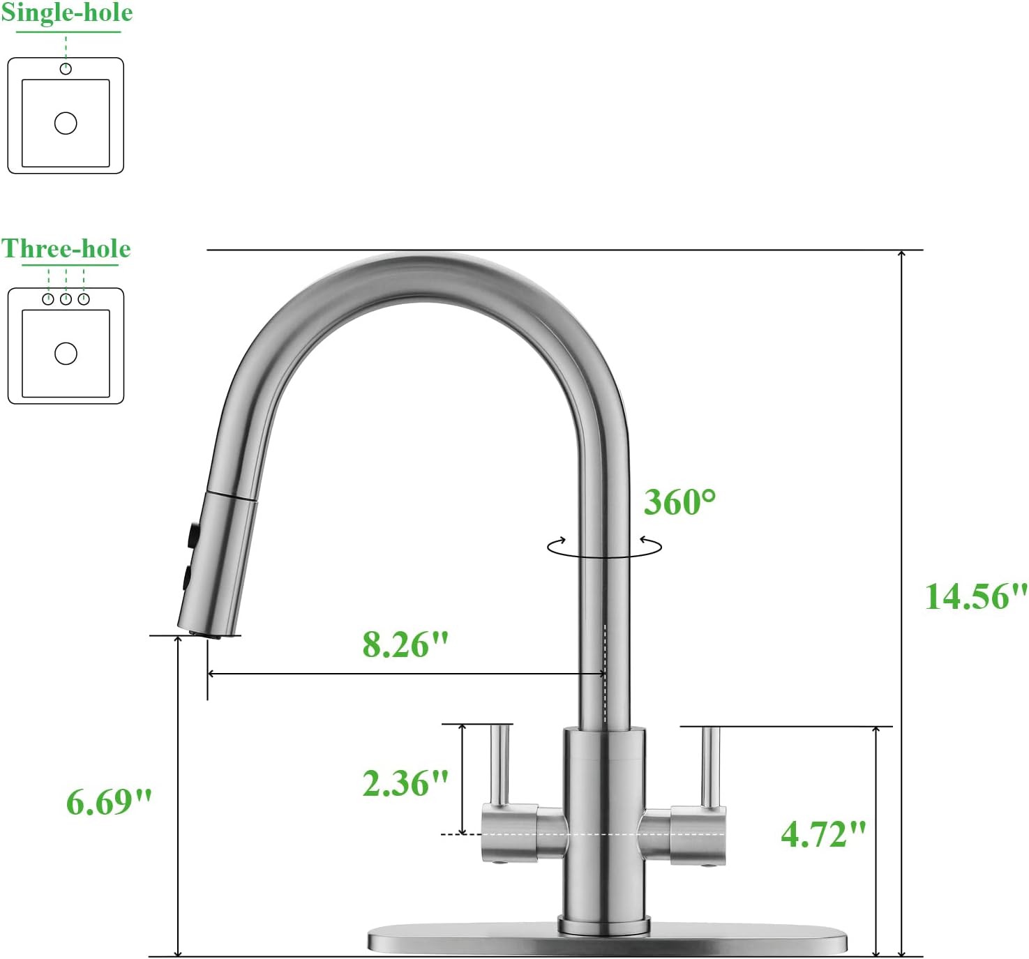 Kitchen Faucet, Two Handles Sink Faucet with Sprayer, Stainless Steel, Brushed Nickel, PB1045