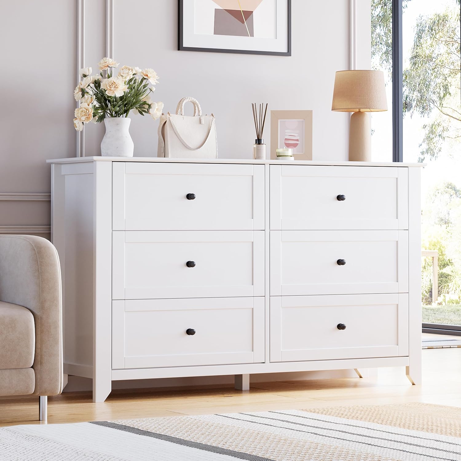 GarveeHome White 6 Drawer Dresser for Bedroom, Simply Modern Chest of Drawers, Wood Storage Double Dresser with Deep Drawers for Living Room, Hallway Entryway