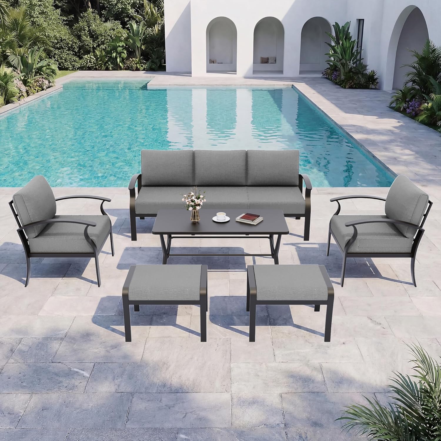Kurapika Aluminum Patio Furniture Set 5-Seat Modern Outdoor Conversation Sets w/2 Ottomans with Rectangular Coffee Table, Grey