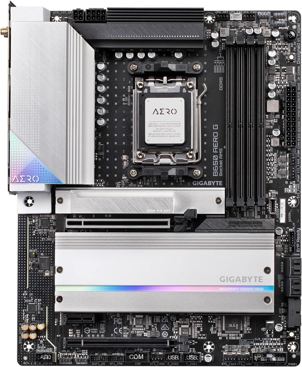 GIGABYTE B650 AERO G AMD AM5 ATX Motherboard, Support Ryzen 9000/8000/7000 Series, DDR5, Twin 16 Power Phase, DDR5, PCIe 5.0 M.2, USB-C 3.2 Gen 2, WIFI6E, 2.5GbE, EZ-Latch, Q-Flash, VisionLINK