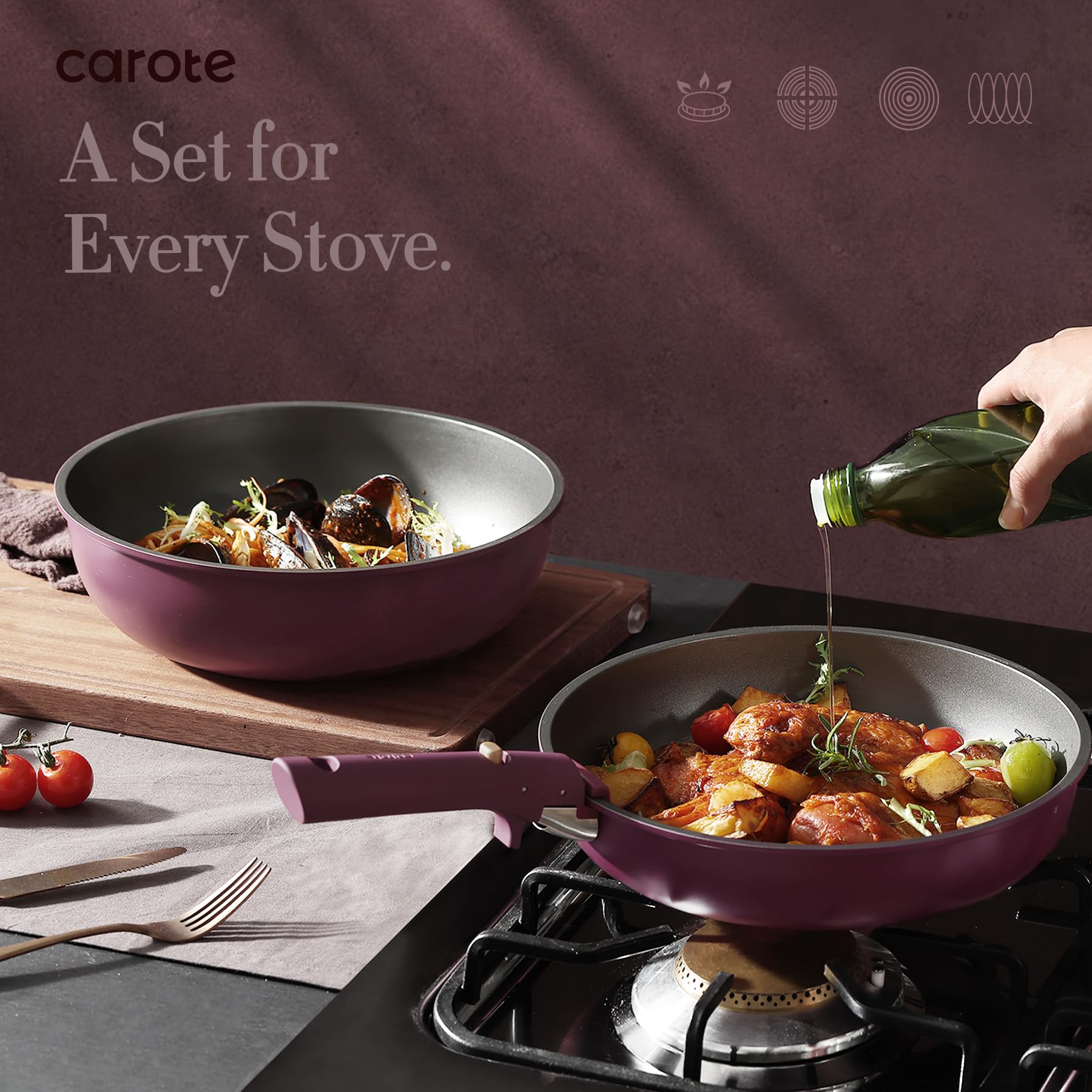 CAROTE 21pcs Nonstick Cookware Set with Removable Handle