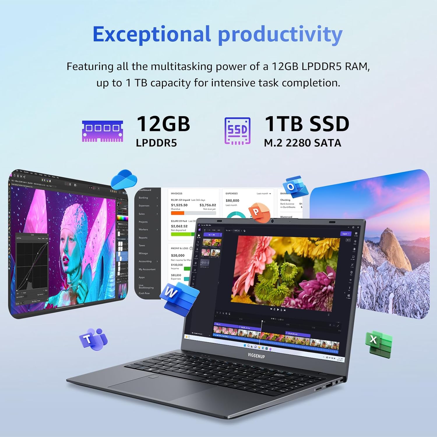 Laptop, 12GB LPDDR5 RAM 1TB SSD, 15.6 Inch Laptop Computer, N95 Quad Core Processor(Beat to N5095,6500Y), Up to 3.4GHz, WiFi 5, BT 5.0, USB-C, Fingerprint,Gray
