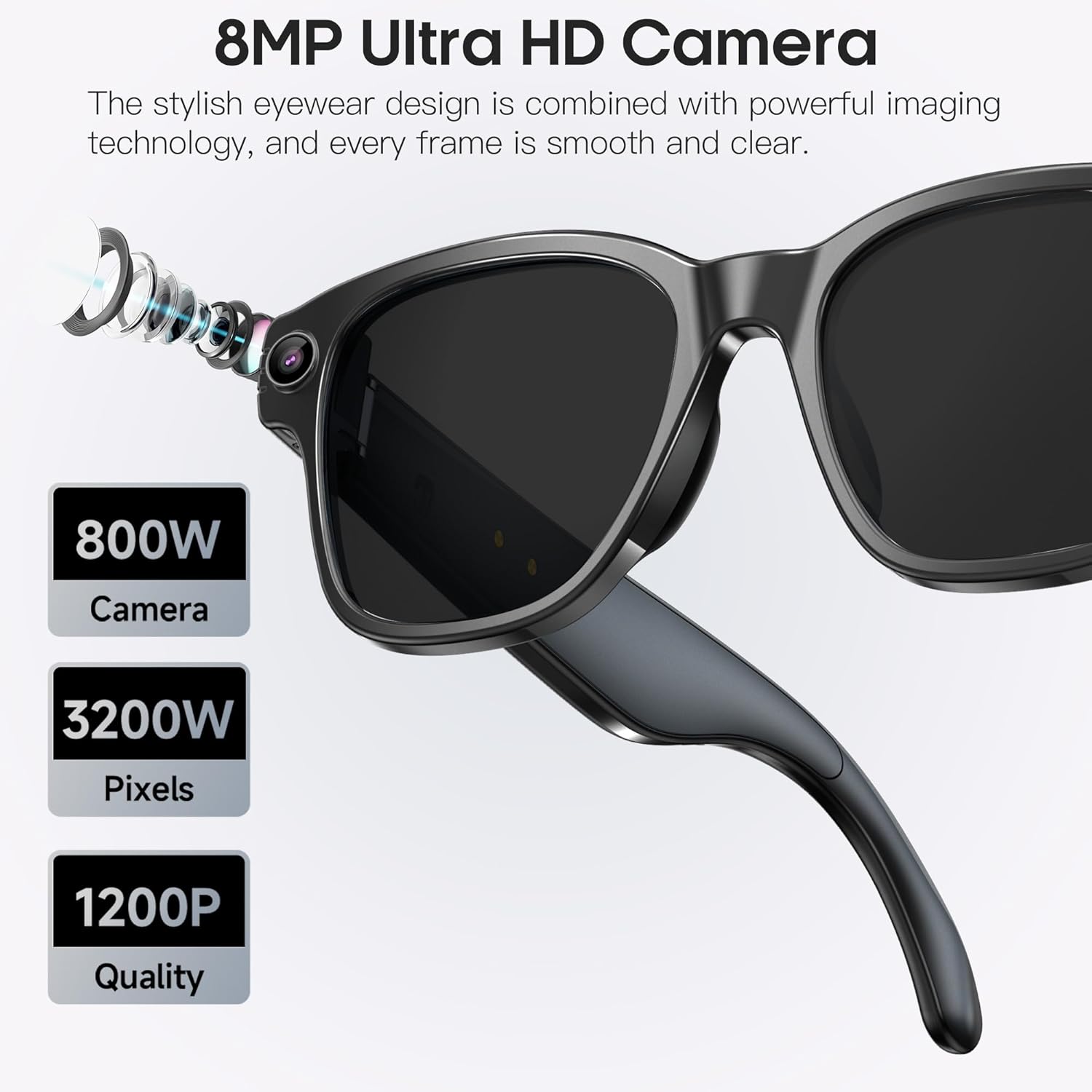 AI Camera Smart Glasses for Men Women With 8MP, 4K Photo/1200P HD Video Recording, Translation, GPT Voice Assistant, AI Object Recognition, Hands-free Music/Call,Long Battery Life,Sunglasses