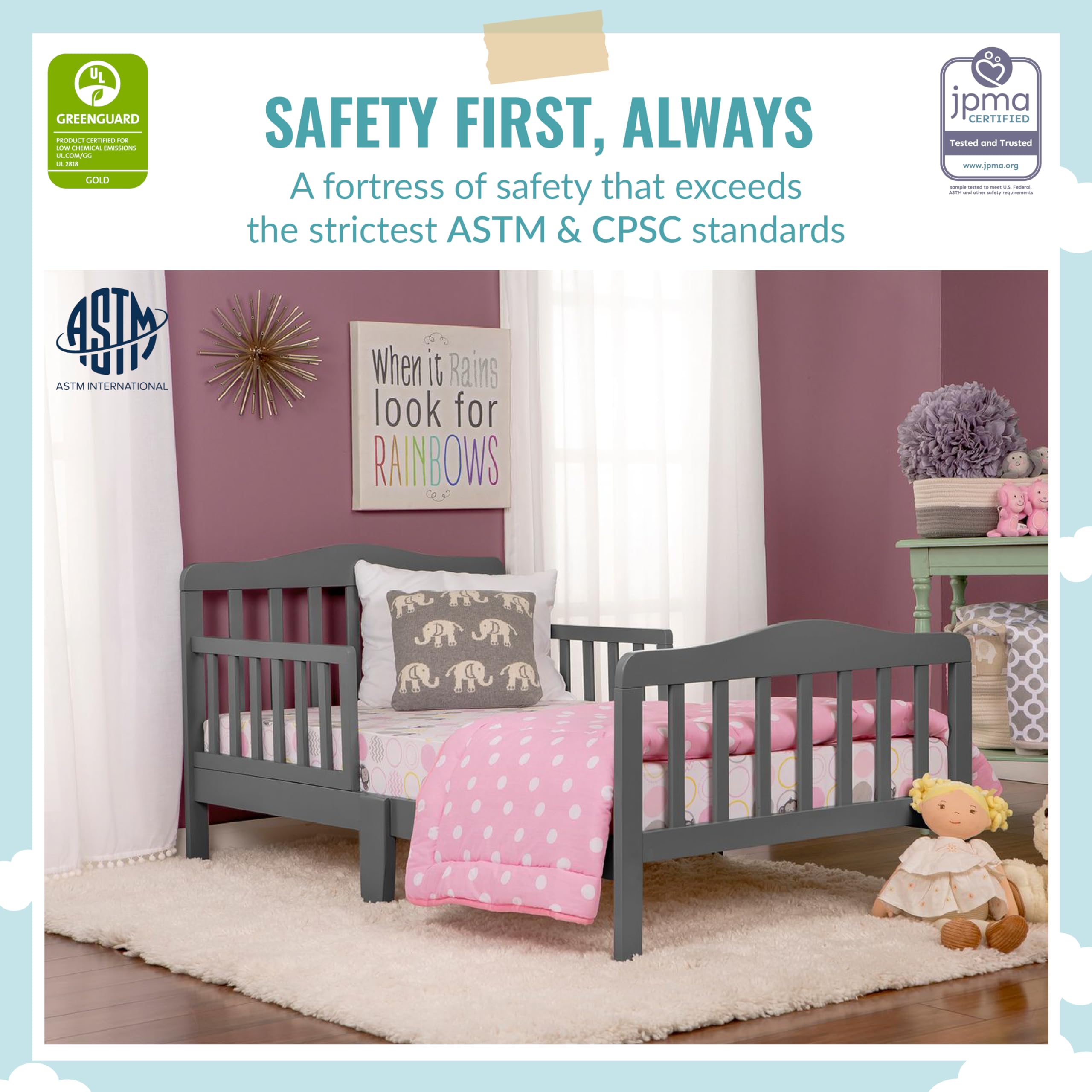 DREAM ON ME Classic Design Toddler Bed in Steel Grey - Safe & Stylish