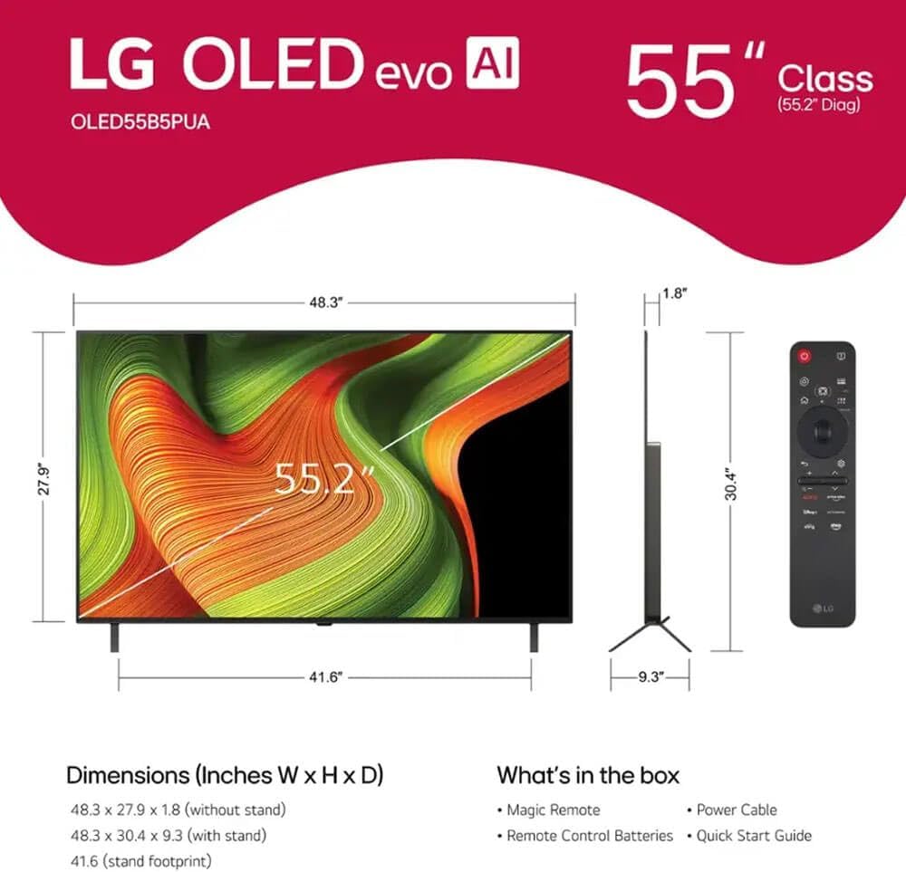 LG 55-Inch Class OLED AI 4K B5 Series Smart TV w/Dolby Atmos, Dolby Vision, HDR10, AI Super Upscaling 4K, Filmmaker Mode, Wow Orchestra, Alexa Built-in (OLED55B5PUA.AUS, 2025)