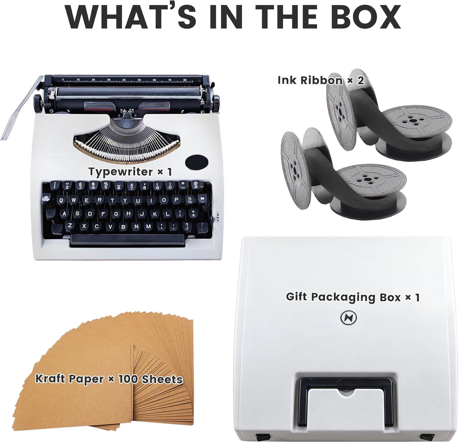 Vintage Typewriter Manual Writing Machine, Restored Classic Typing Tool with 2 Ink Ribbons + 100 Kraft Sheets, Antique Decor for Home Office Desk, Study Room Display