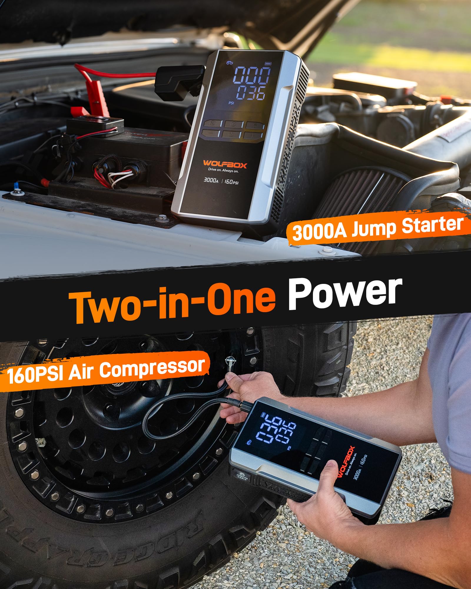 WOLFBOX 3000A Jump Starter with Air Compressor & Fast Charge