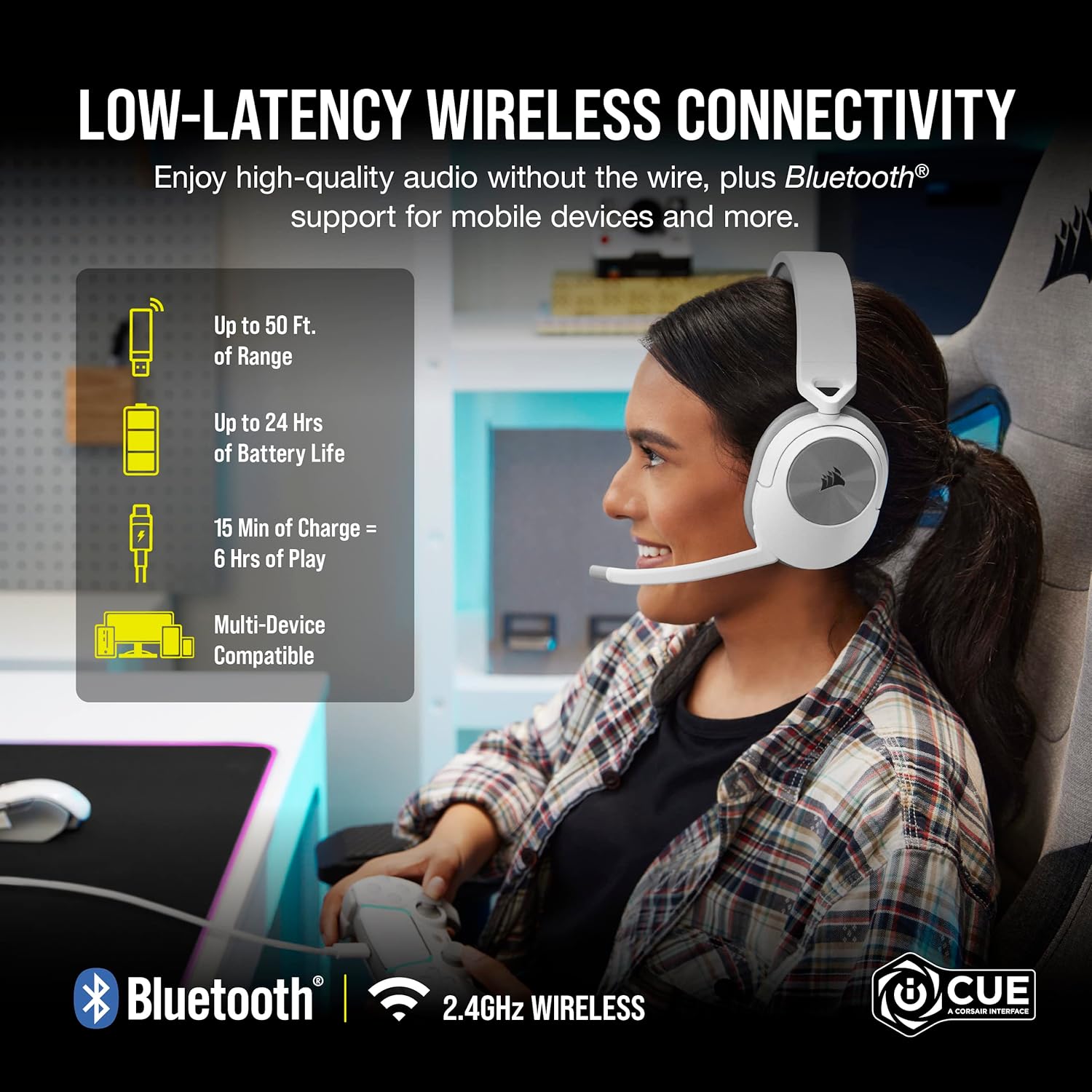 Corsair HS55 Wireless Multiplatform Lightweight Gaming Headset with Bluetooth - Dolby 7.1 Surround Sound - iCUE Compatible - PC, PS5, PS4, Nintendo Switch, Mobile - White