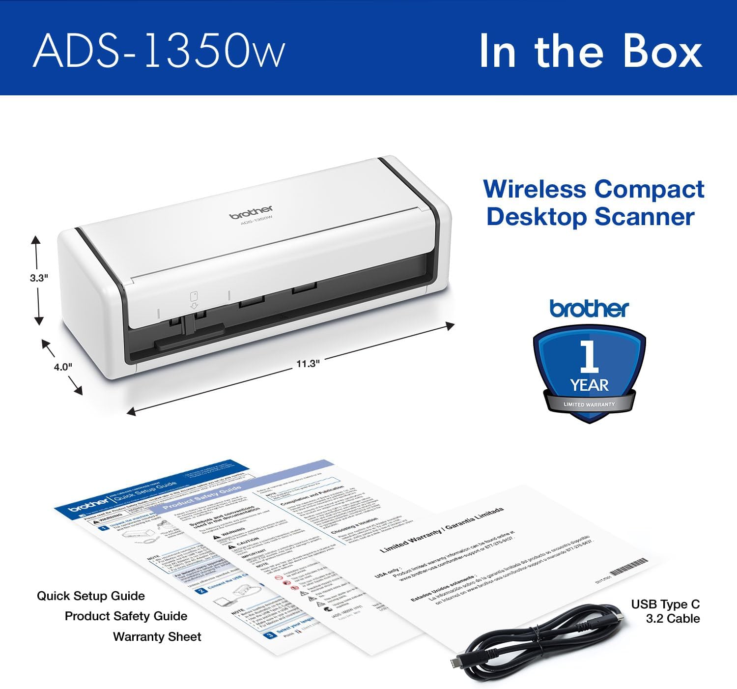 Brother ADS-1350W Wireless Compact Desktop Scanner | Scan Speeds of Up to 30ppm | Single Pass Double-Sided Scanning