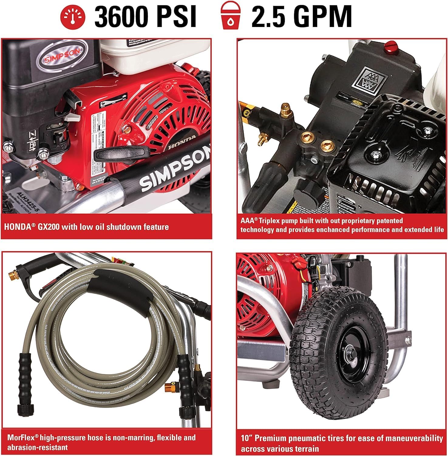 Simpson 3600 PSI Gas Pressure Washer, 2.5 GPM Commercial Power Washer, Cold Water, Honda GX200 Engine, 35' Hose, Aluminum Series, 49-State Compliant (ALH3425)