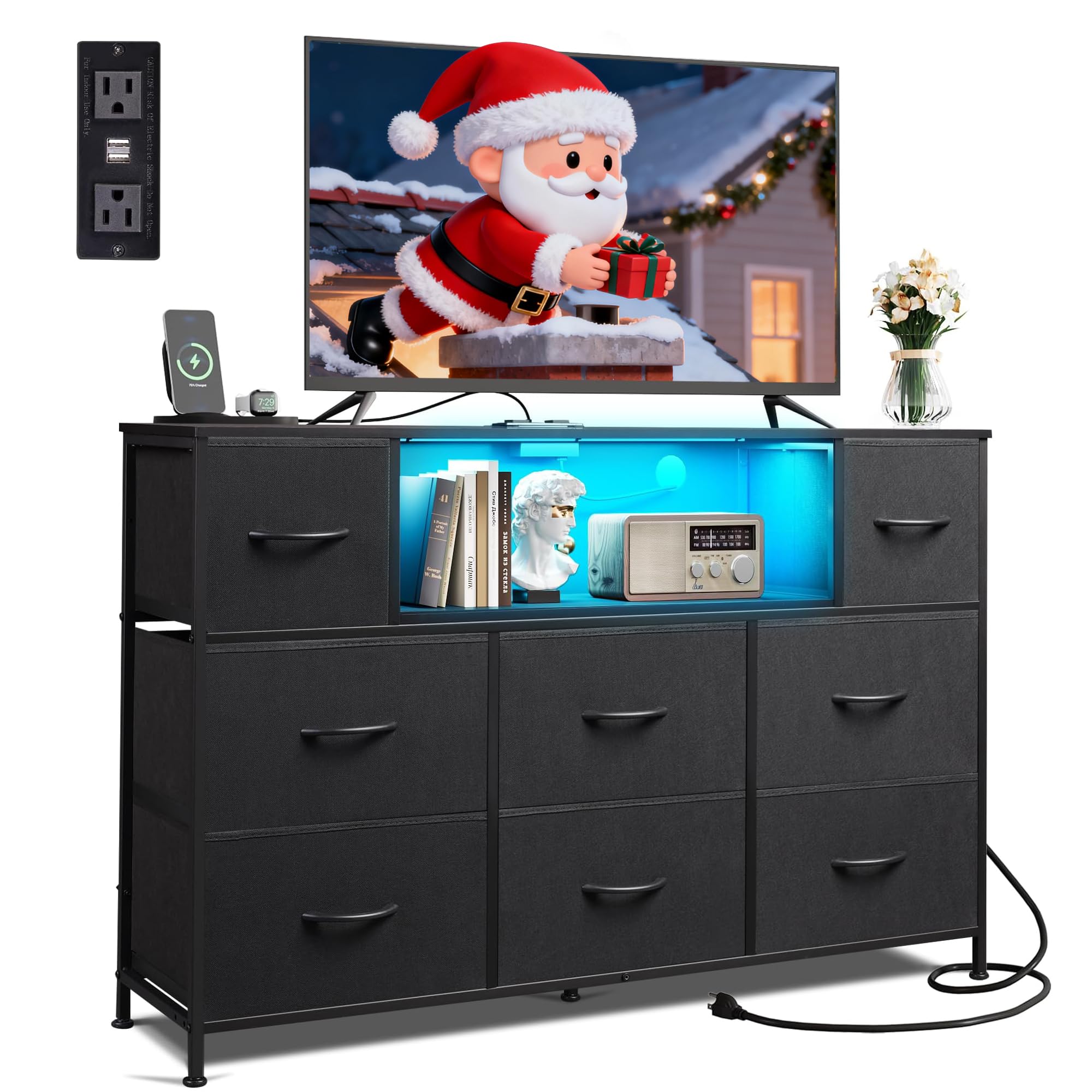 WLIVE Black Dresser TV Stand with LED Lights & Storage