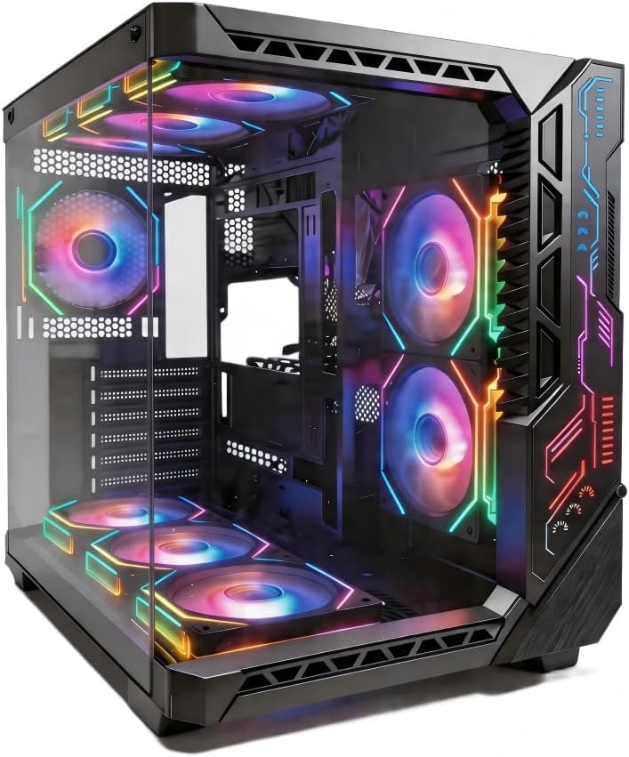 SZSKYING Mid-Tower Gaming ATX PC Case, 9 ARGB Fans with Remote, Tempered Glass, 360mm Radiator, Type-C, Black.