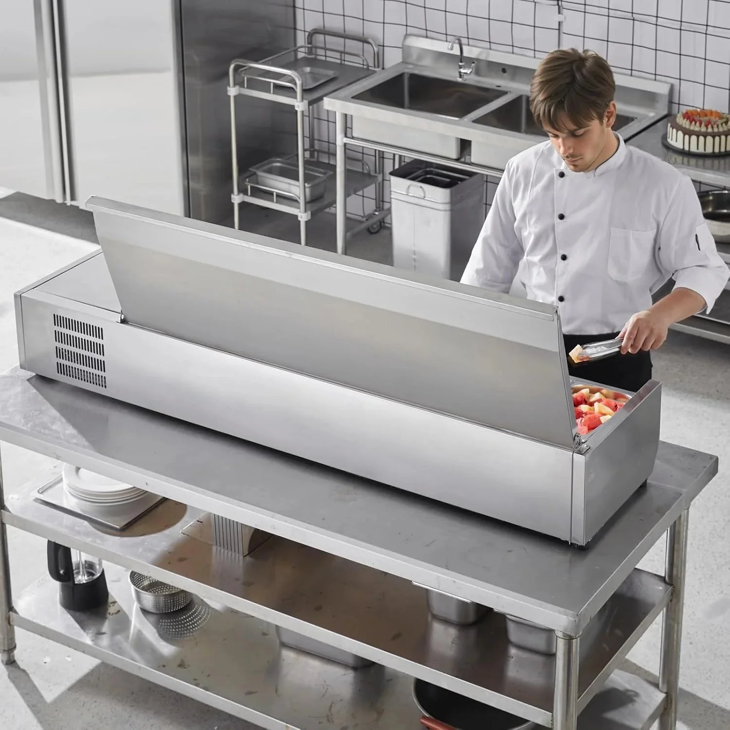 Refrigerated Condiment Prep Station, 135 W Countertop Refrigerated Condiment Station, with 2 1/3 Pans & 4 1/6 Pans, 304 Stainless Body and PC Lid, Sandwich Prep Table with Stainless Guard, ETL
