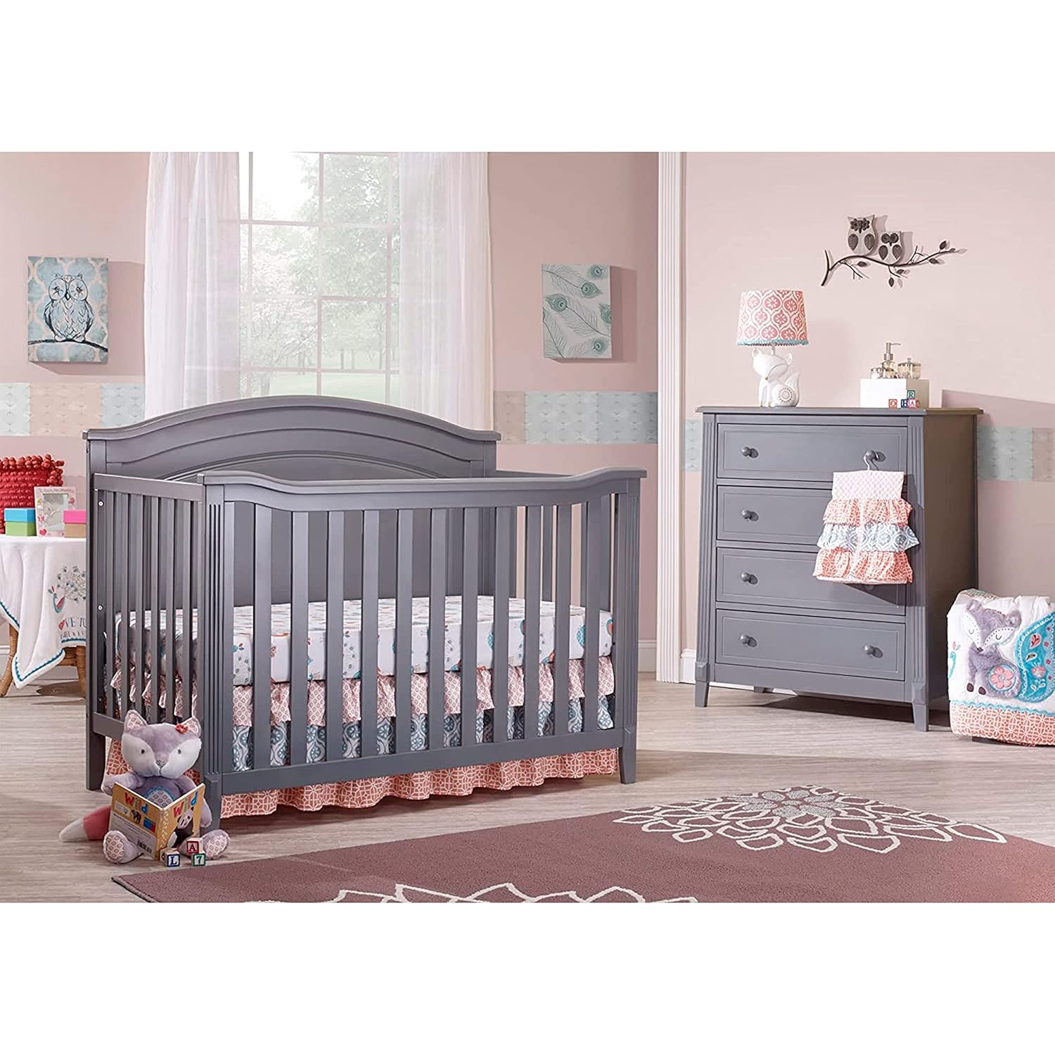 Sorelle Furniture Berkley Round Top Crib, Classic 4-in-1 Convertible Crib, Made of Wood, Non-Toxic Finish, Wooden Baby Bed, Toddler Bed, Child's Daybed and Full-Size Bed, Nursery Furniture-Gray