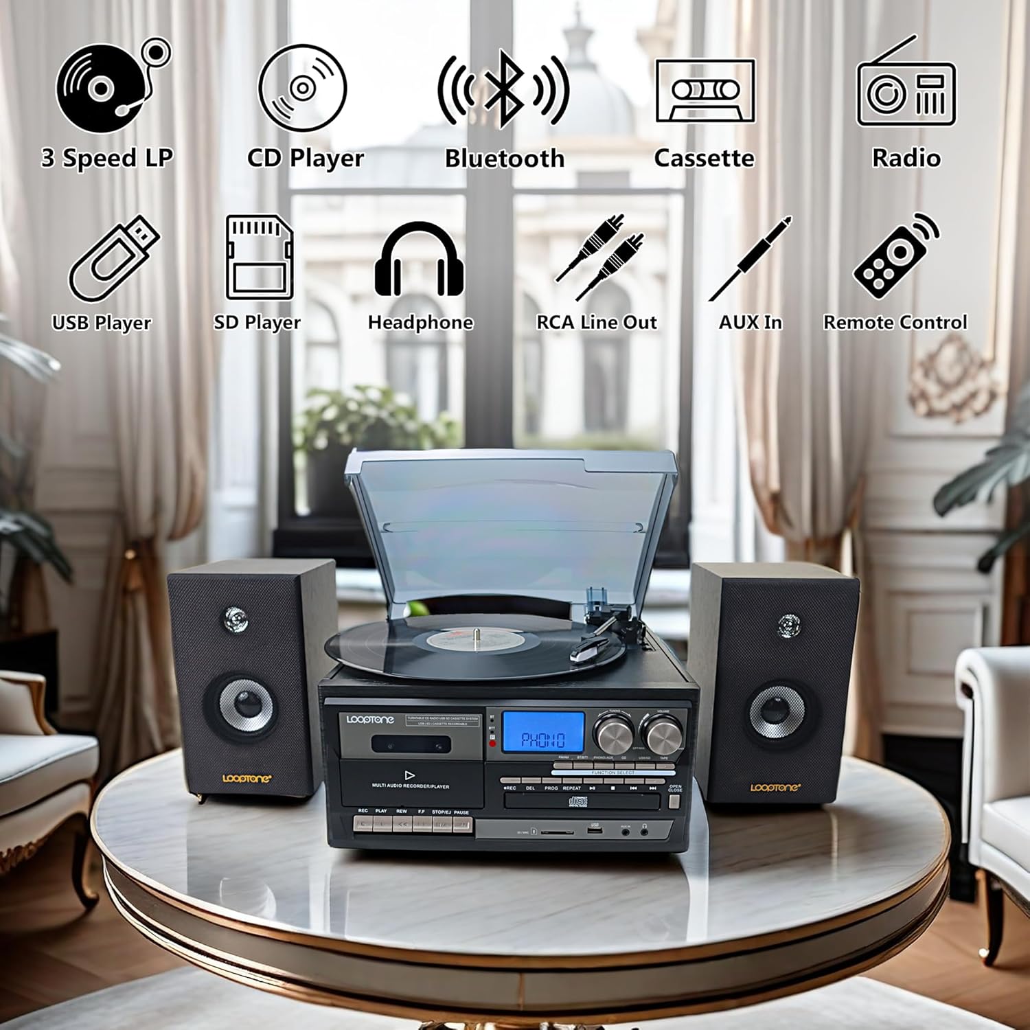 LoopTone Vinyl Record Player with Dual 15W External Speakers 10 in 1 3 Speed Bluetooth Vintage Turntable CD Cassette Player AM/FM Radio USB Recorder Aux-in RCA Line-Out (Black)