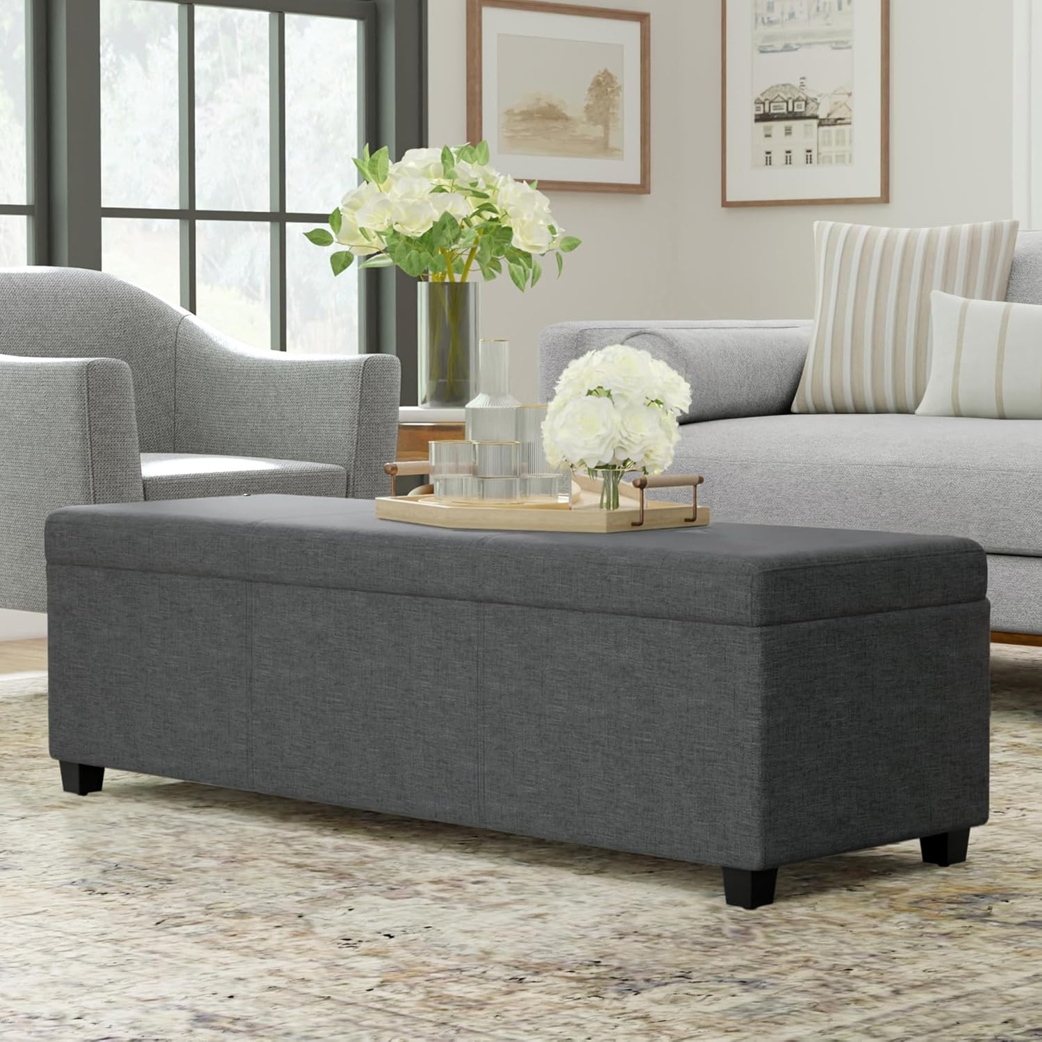 SIMPLIHOME Avalon Extra Large Storage Ottoman Bench - 54 inch Wide Upholstered Linen Look Fabric Rectangular Lift-Top Ottoman in Slate Grey, Contemporary Bench for Living Room with Hidden Storage