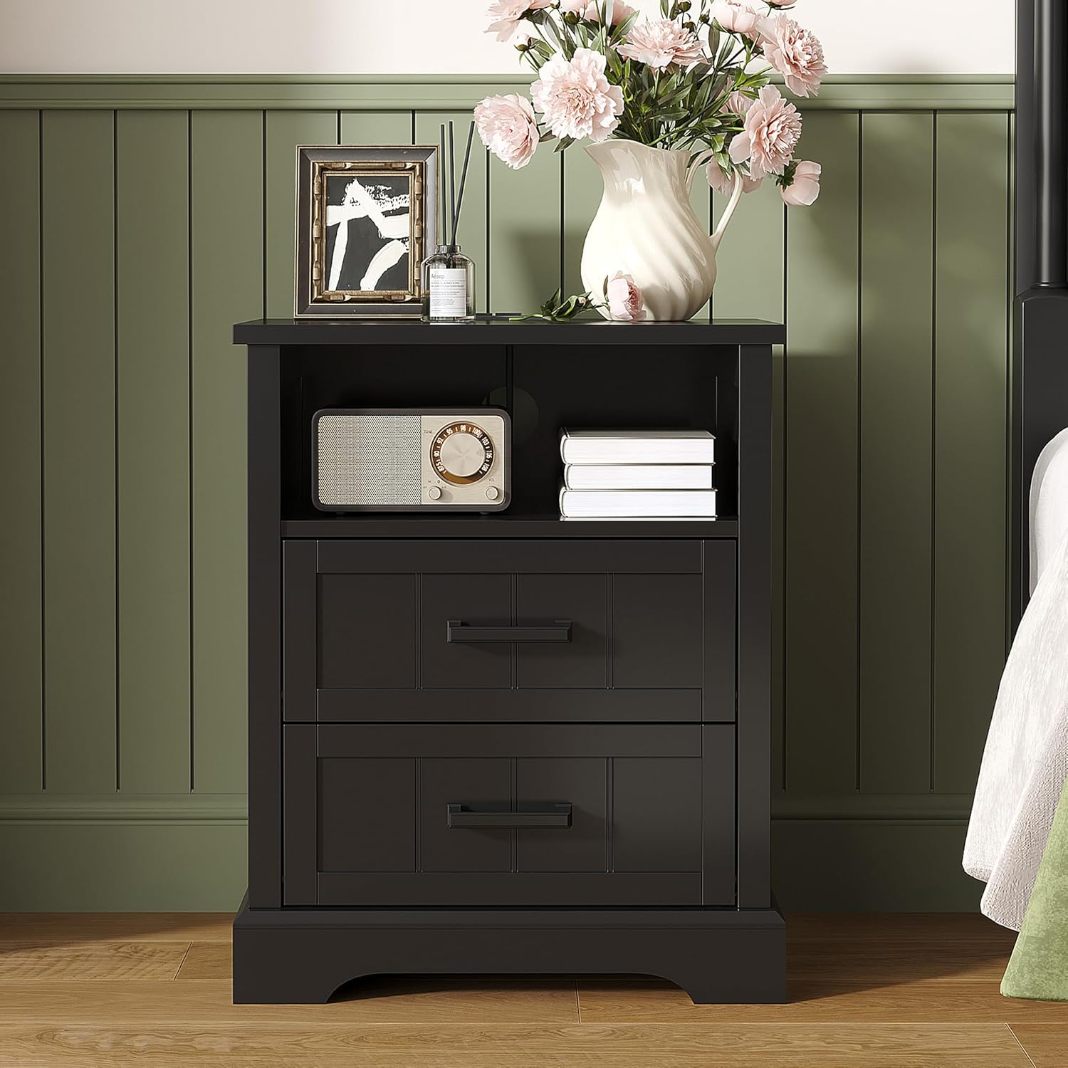 ChooChoo Farmhouse Night Stands with Charging Station, Wood Nightstand Set of 2 with 2 Drawers, Bedside Table with Open Storage Shelf for Bedroom, Black