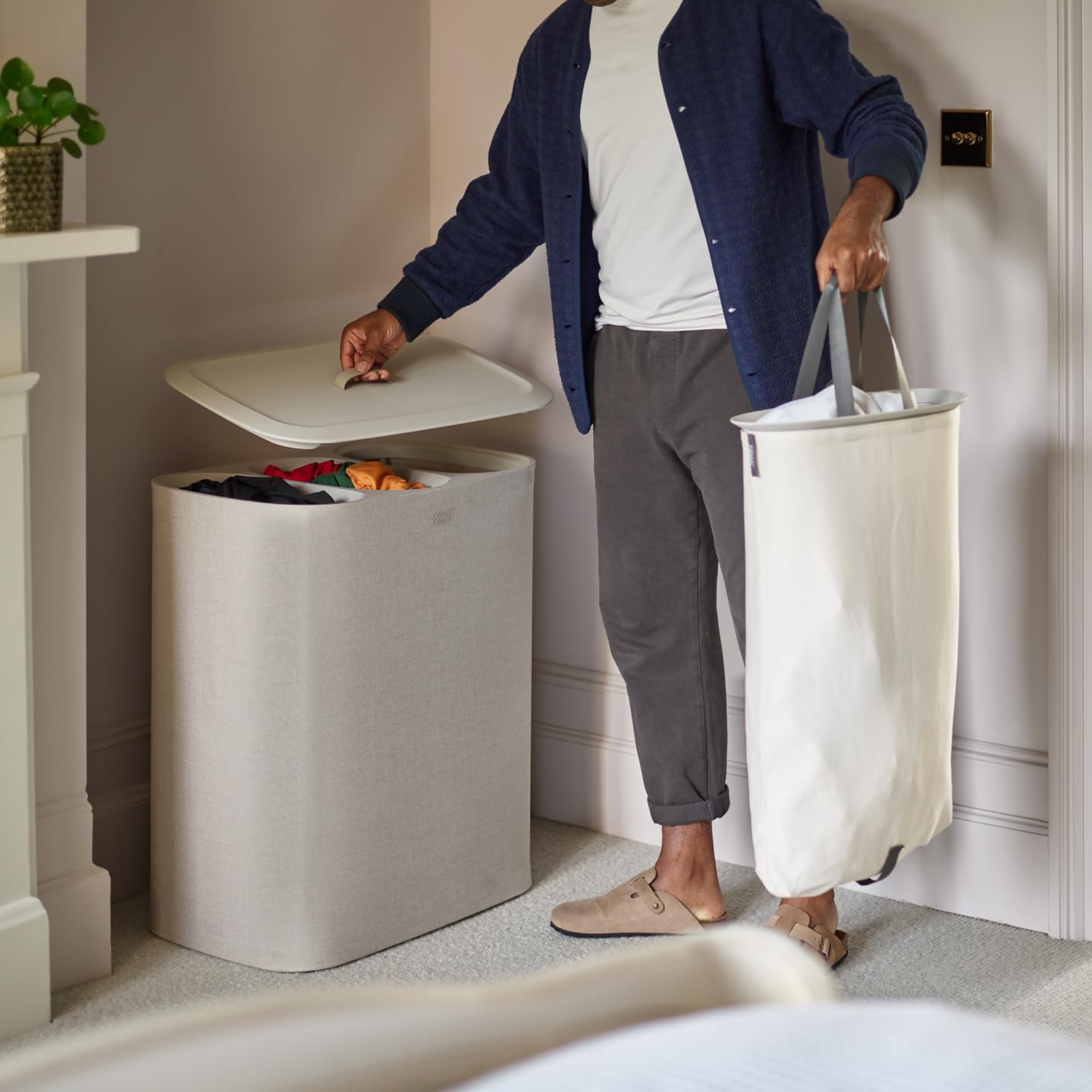 Joseph Joseph Tota Trio 90 liter/23.8 gallon Laundry Hamper Separation Basket with lid, 3 Removable Washing Bags with Handles- Ecru