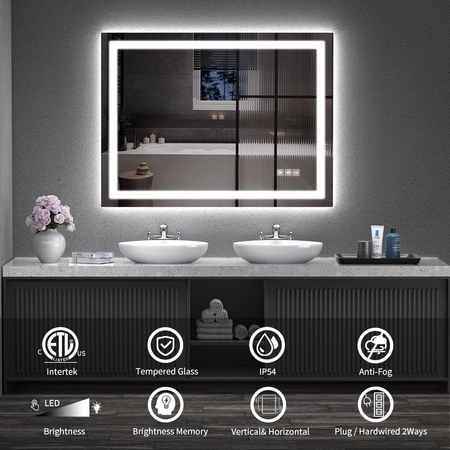LED Mirror for Bathroom, 48x36 Inch Backlit + Front Lighted Bathroom Vanity Mirror with Lights for Wall, Double Light Strips, 3 Colors, Shatter-Proof, Anti-Fog and Brightness Memory
