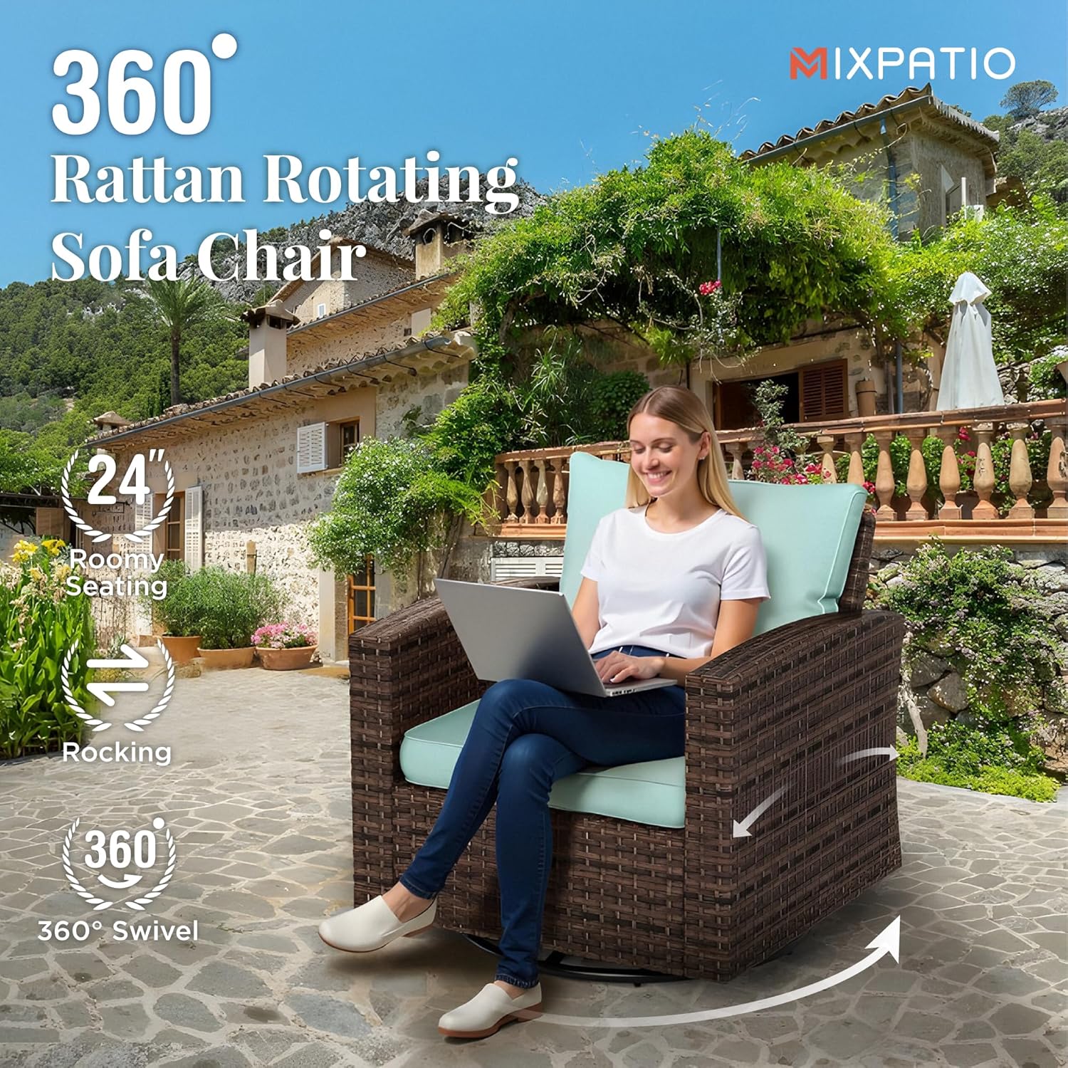 MIXPATIO 4 Pieces Swivel Wicker Patio Furniture Set, Rattan Outdoor Conversation Set with 2 Pieces Swivel Glider Chairs, 2 Pieces Ottomans, Blue