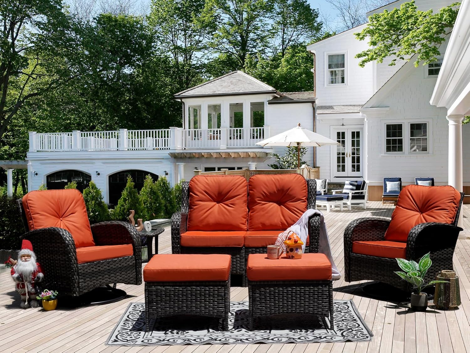Patio Furniture Conversation Set with Ottomans, 6 Piece Wicker Patio Swivel Rocking Chairs with 360° Swivel Glider and Glass Coffee Table for Porch, Deck, Garden,Red