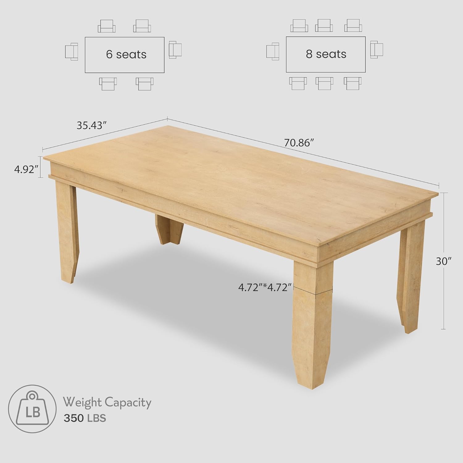 GarveeHome Farmhouse Dining Table for 6-8 People, 71 in Long Kitchen Tables with Wooden Sturdy Frame, 6 ft Large Rectangular Dinner Table for Dining Room, Kitchen (Natural, 71