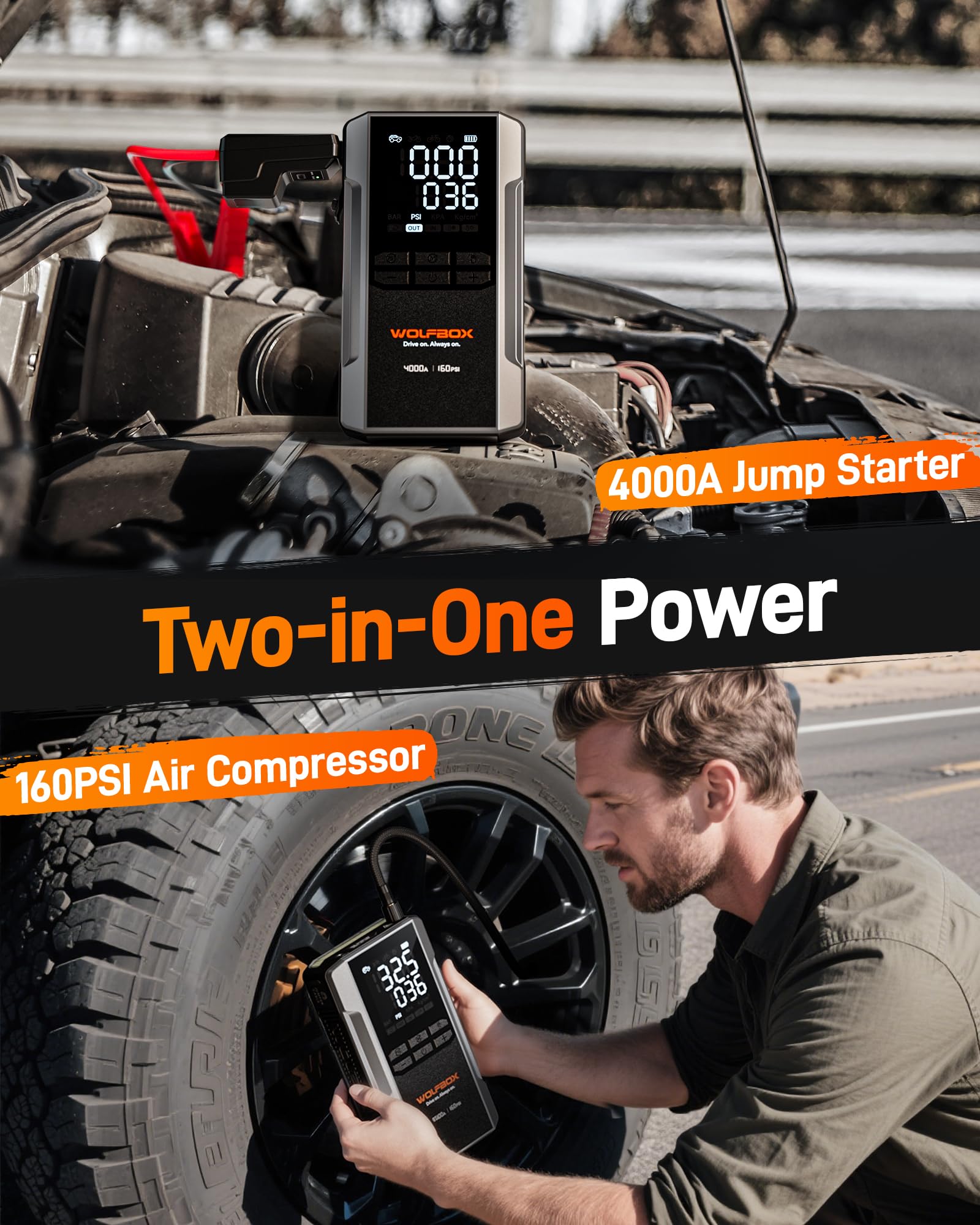 WOLFBOX 4000A Jump Starter & 160PSI Air Compressor