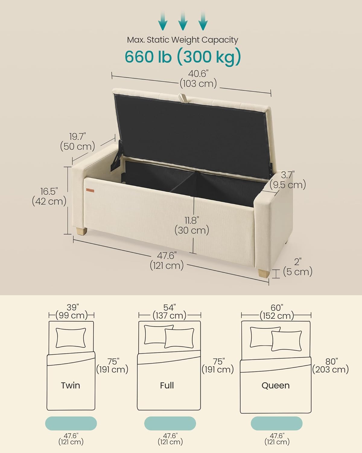 SONGMICS Storage Ottoman, Storage Chest Bench with Legs, End of Bed Bench with Safety Hinges, Pull Tab, for Living Room, Bedroom, 19.7 x 47.6 x 16.5 Inches, Linen-Look Fabric, Summer Sand ULOM511LF01