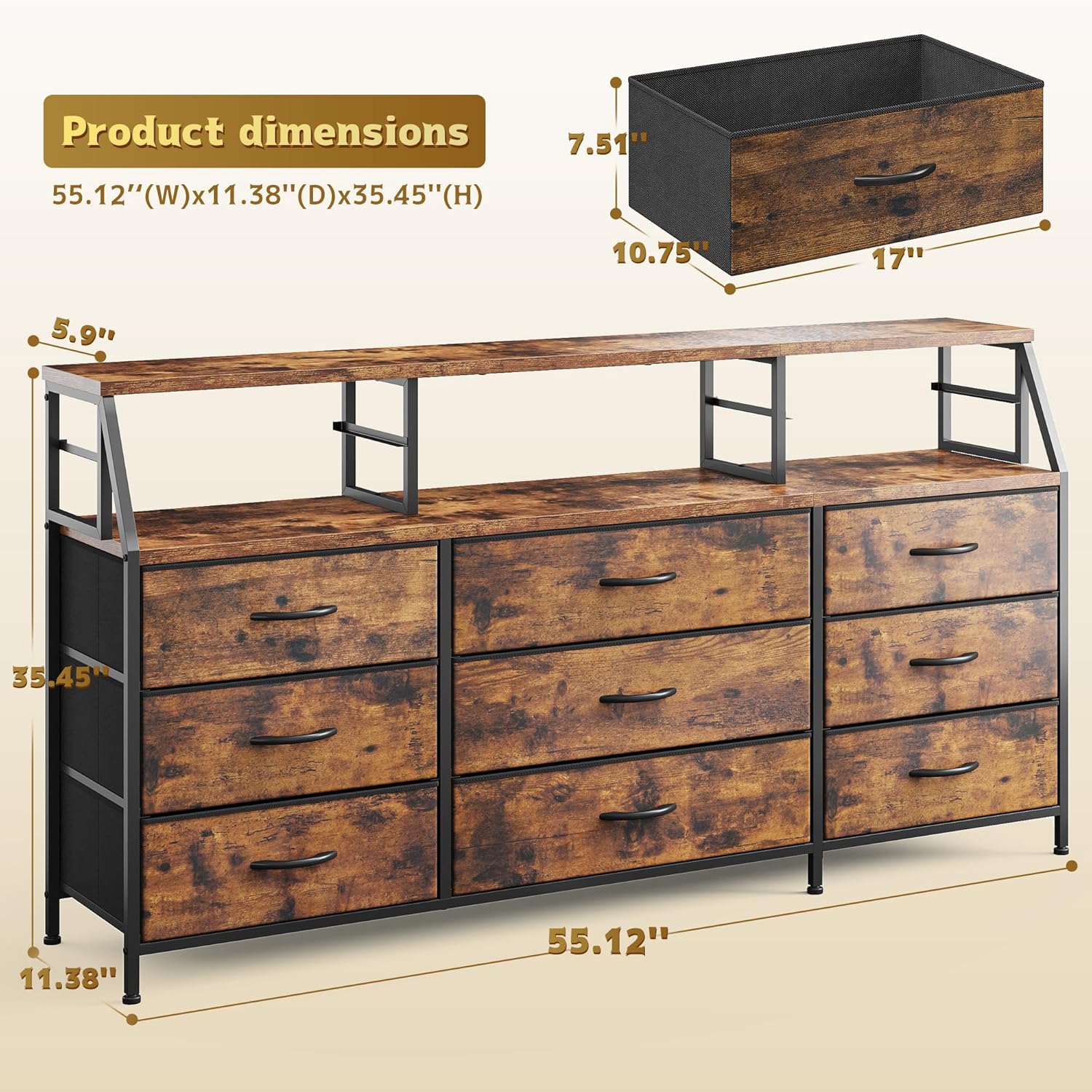 Homkdom Dresser for Bedroom with Fabric Drawers, 55.12