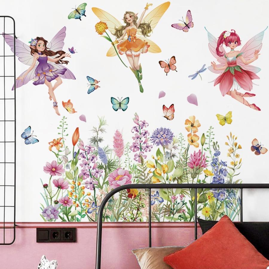 Runtoo Fairy Floral Wall Decals Wildflower Butterfly Elf Wall Stickers Girls Bedroom Kids Room Baby Nursery Wall Decor