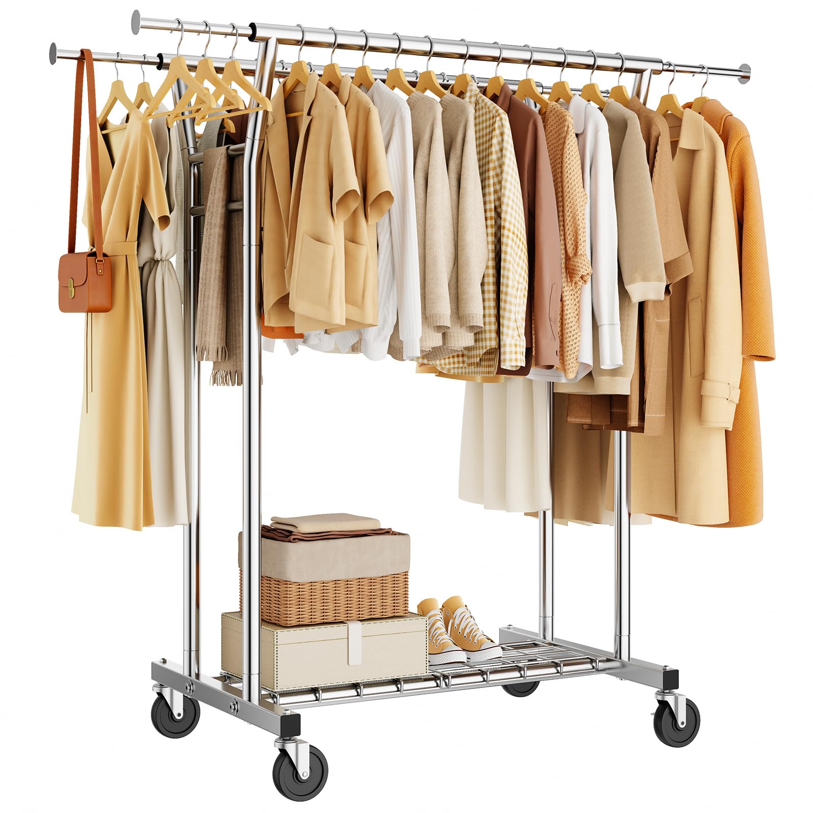 HYSEYY Heavy Duty Rolling Clothes Rack with Shelves 700LBS