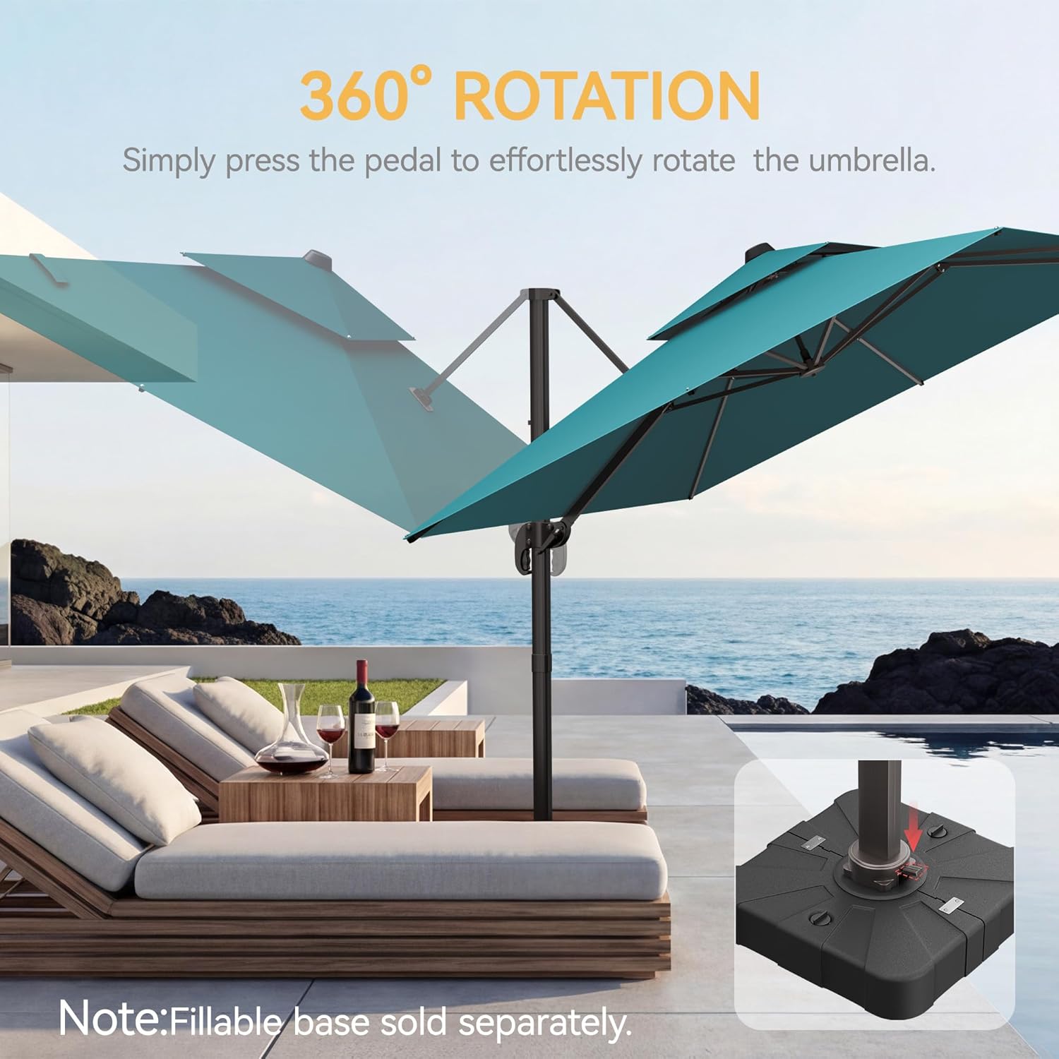 9x12 FT Patio Umbrella, Large Cantilever Rectangular Double Top Heavy Duty Offset Umbrellas with 360° Rotation, Outdoor shade for Garden Deck Pool, Turquoise