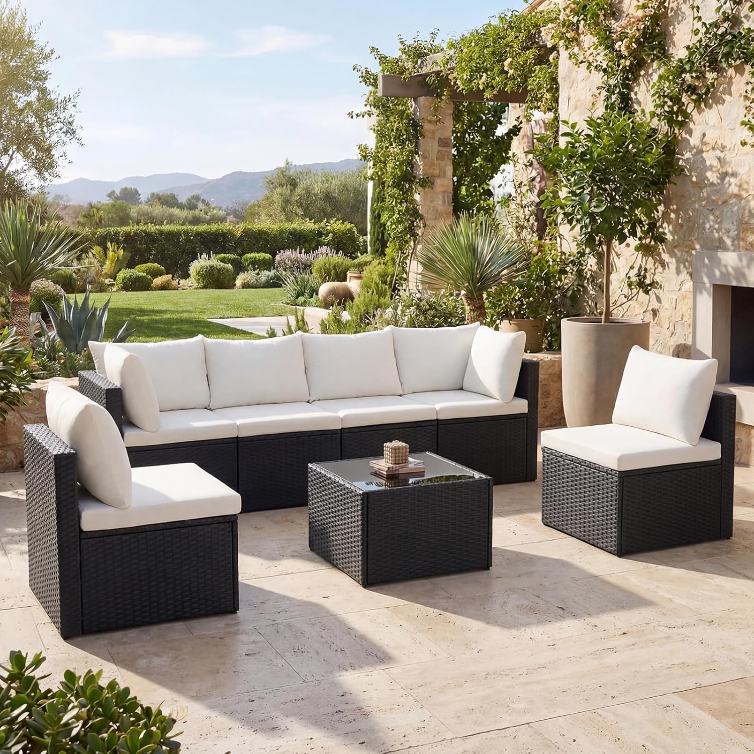 DUMOS 7 Piece Outdoor Patio Sectional Sofa, Modular Wicker Furniture Set with 2.8