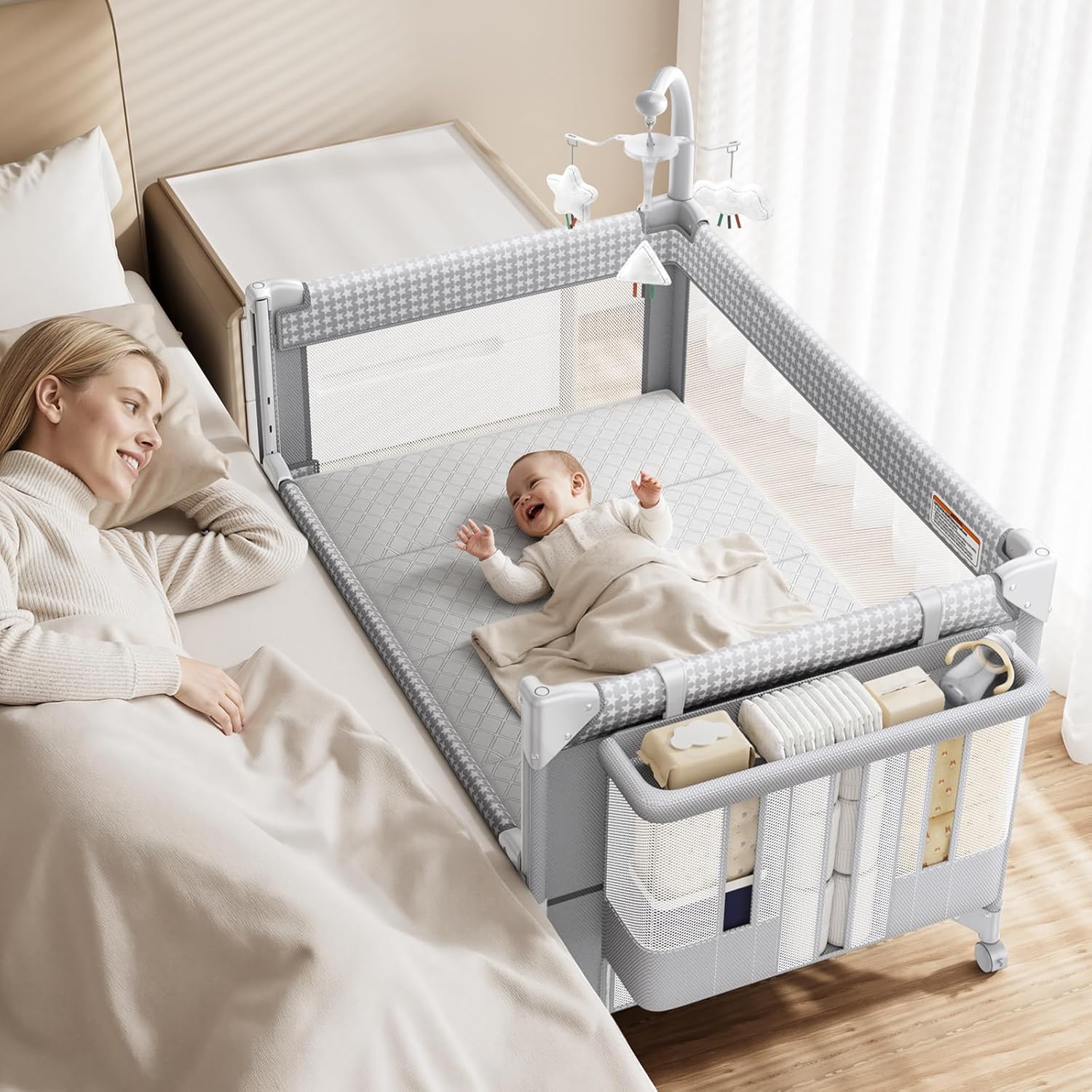 GAIVE 4 in 1 Baby Bassinet, One-Push Setup Pack and Play, Bedside Crib Sleeper with 3 Height Adjustable .Diaper Changer, Come with Comfy Mattress, Rotating Toy Bar, from Infants to Toddlers (Grey)