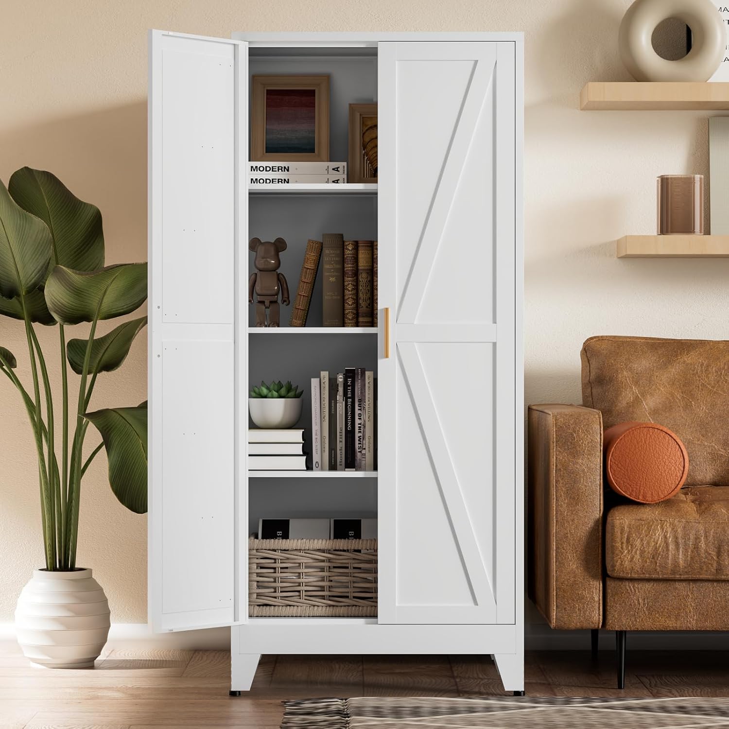 COFaR White Farmhouse Storage Kitchen Pantry Cabinet with 2 Barn Door, 3 Adjustable Shelves and Legs, for Cupboard/Dining Room/Bathroom/Living Room/Office/Laundry Room (White, 61