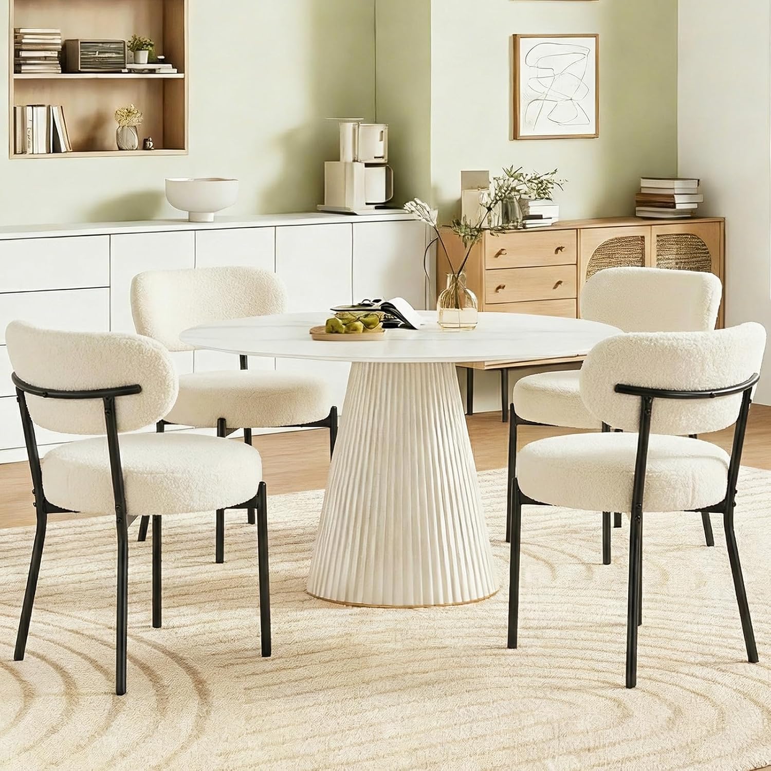 DUMOS Dining Chairs Set of 4, Mid Century Modern Chair Round Upholstered Curved Backrest, Kitchen Vanity Living Room Chairs with Black Metal Legs .Light Beige