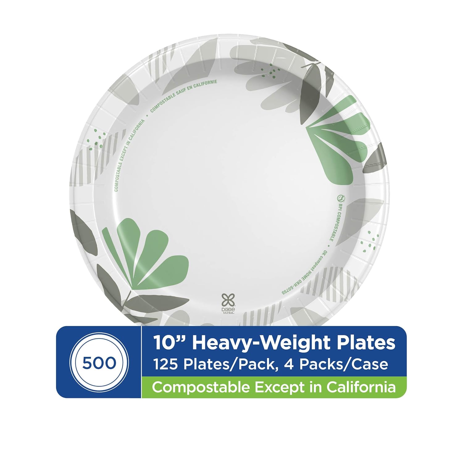 Dixie Ultra 10 Inch Heavy-Weight Paper Plates By GP PRO, Pathways Botanical Design, 500 Count (125 Disposable Plates Per Pack, 4 Packs Per Case), SXP10PATH