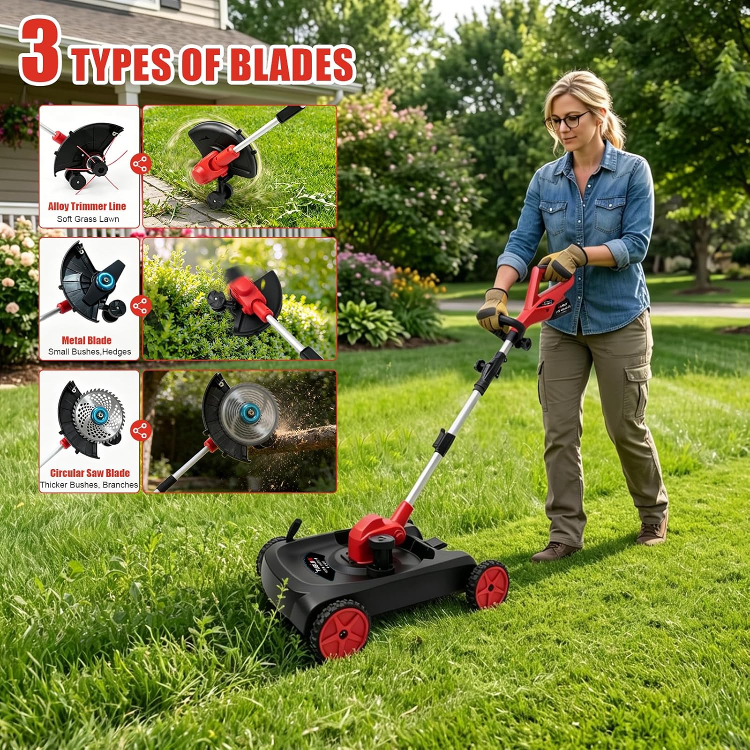 4-in-1 Cordless Lawn Mower, Weed Eater and Edger Combo, Adjustable Height & Angle, Electric String Trimmer with Wheels Grass Trimmer for Garden Yard (2x4.0Ah Battery & Charger Included)