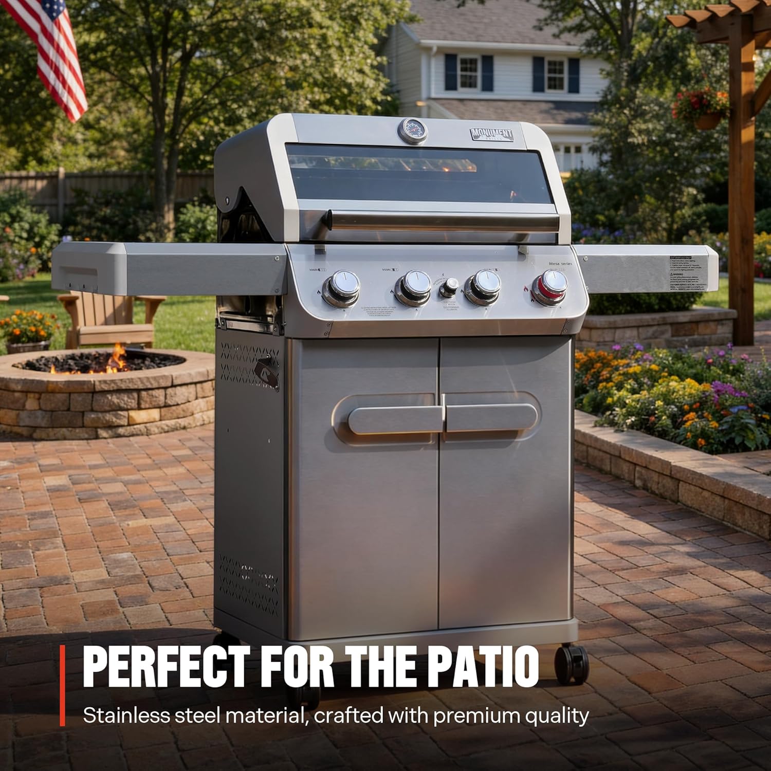 Monument Grills 4 Burner Propane Gas Grill, Stainless Steel Outdoor Patio Barbecue Grill, with Broil Zone Fast Heating, Knob Control, and Easy Cleanup, M410MBZ