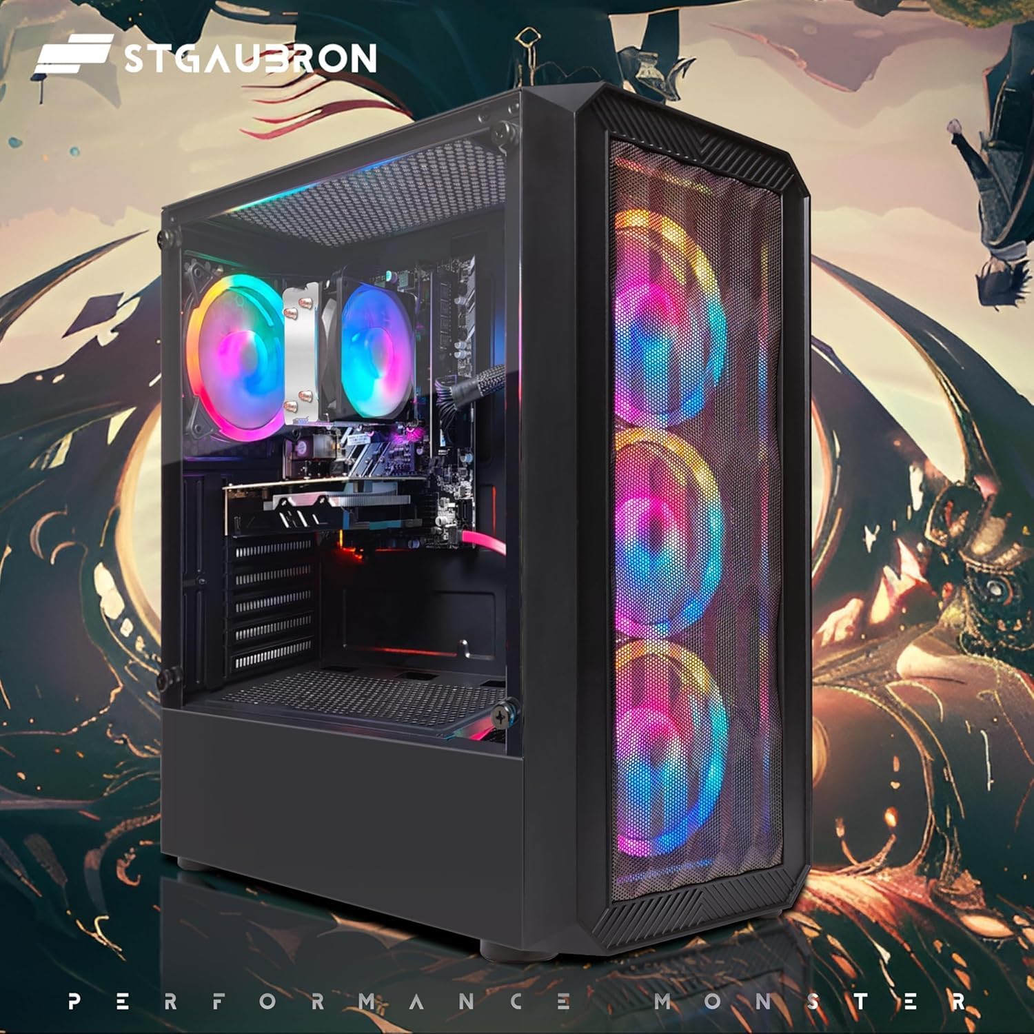 STGAubron Gaming PC Computer Desktop, AMD Ryzen 3 3200G 3.6G, Radeon RX 590 8G, 16G DDR4, 512G SSD, WiFi 6, BT 5.0, RGB Fan x4, Windows 11 Home