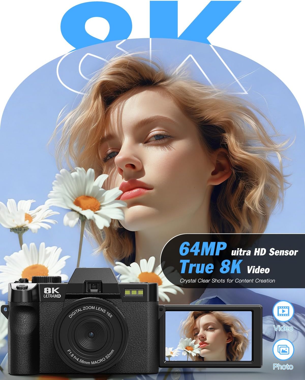 8K Digital Cameras for Photography, 64MP Vlogging Camera with 180°Flip Screen .2 Batteries, 64GB TF Card .16X Zoom, WiFi, 3 Color Filters,Microphone, Tripod, Wide & Macro Lens Kit