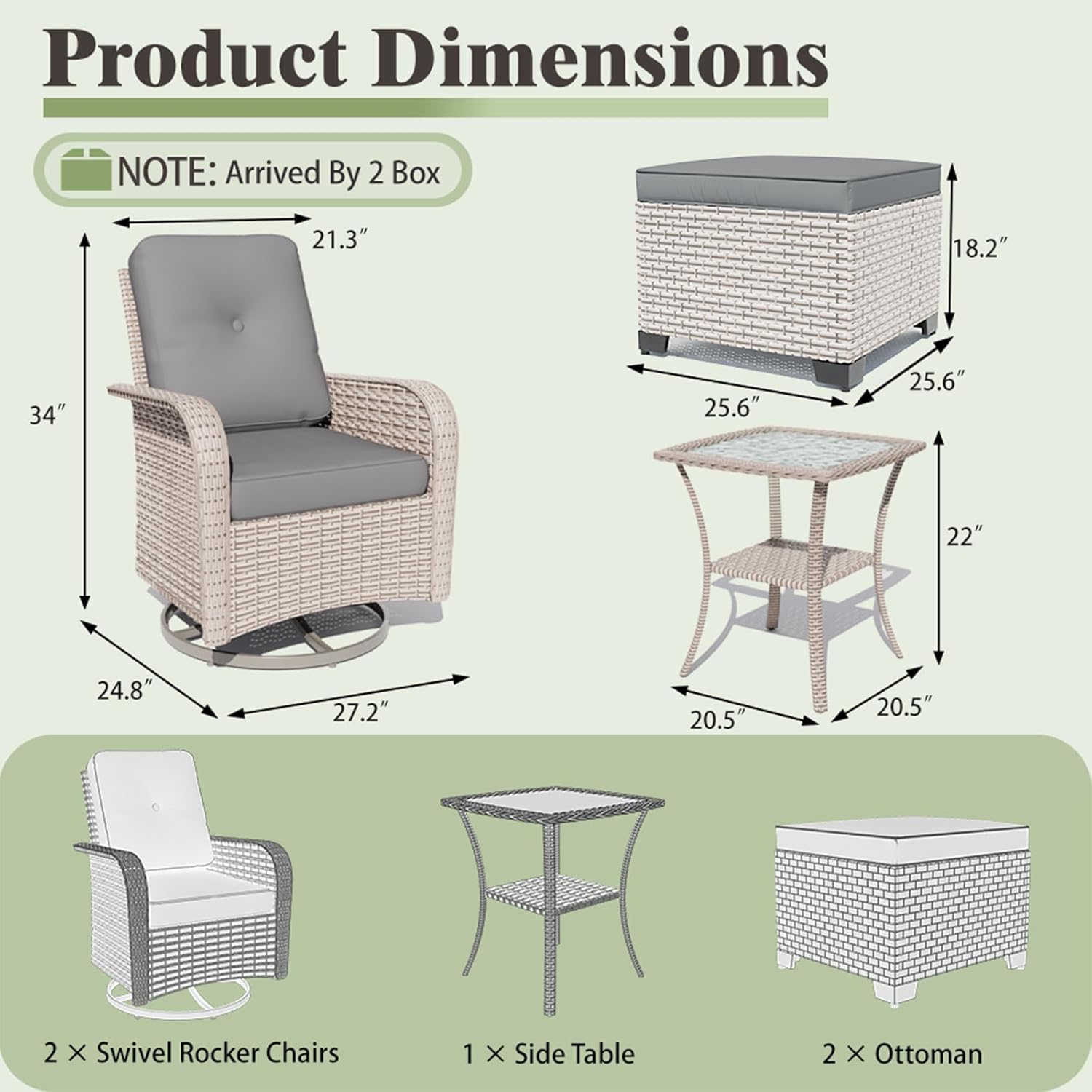 5 Pieces Patio Furniture Set with 2 Ottomans, Outdoor Swivel Glider Rocker Chairs with Rattan Side Table, Wicker Patio Bistro Sets with Thickened Cushions, Grey