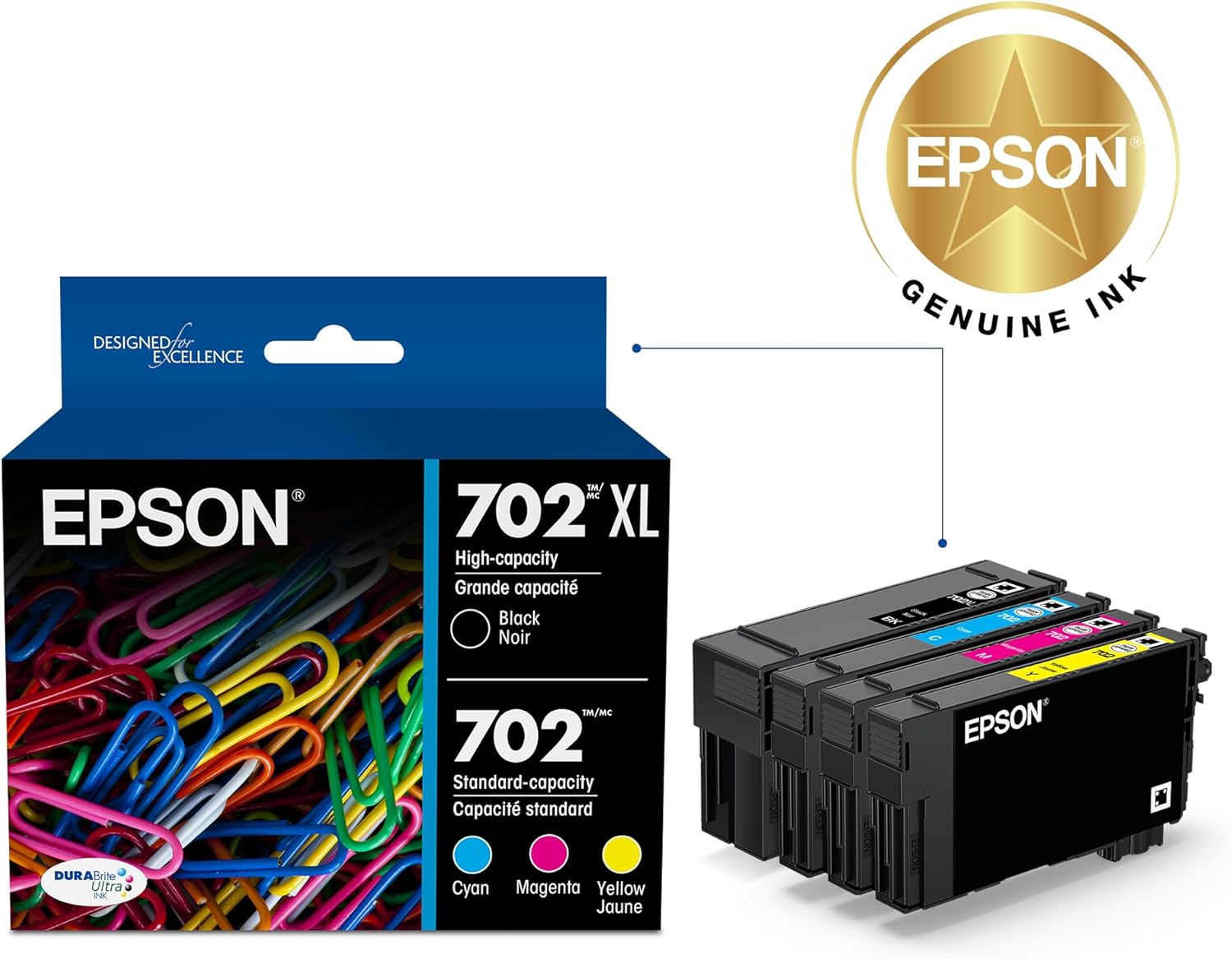 EPSON 702 DURABrite Ultra Ink High Capacity Black & Standard Color Cartridge Combo Pack (T702XL-BCS) Works with WorkForce Pro WF-3720, 3730, 3733