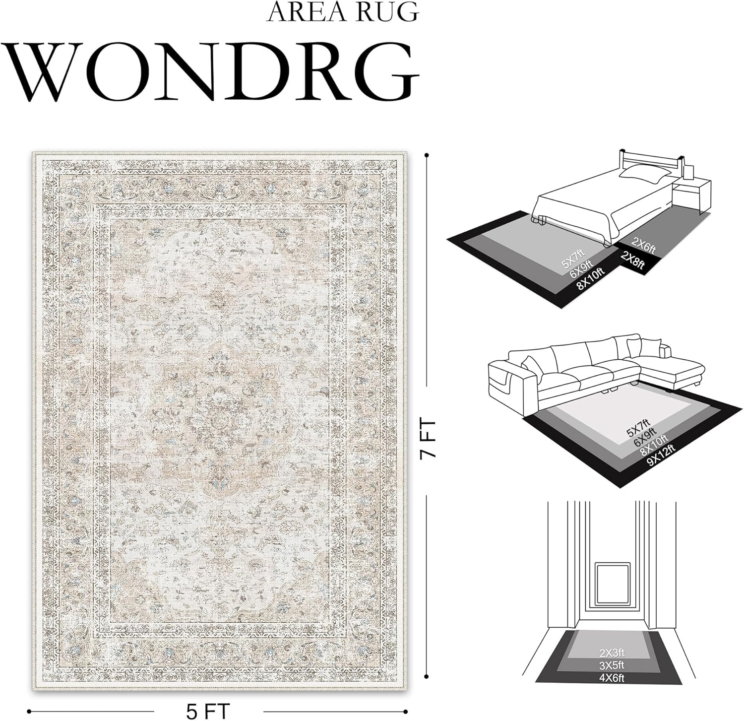 8x10 Washable Vintage Area Rug for Living Room Bedroom Beige Grey Soft Tranditional Non Slip Large Throw Rug Lightweight Floral Low Pile Distressed Carpet Office Playroom Dining Room