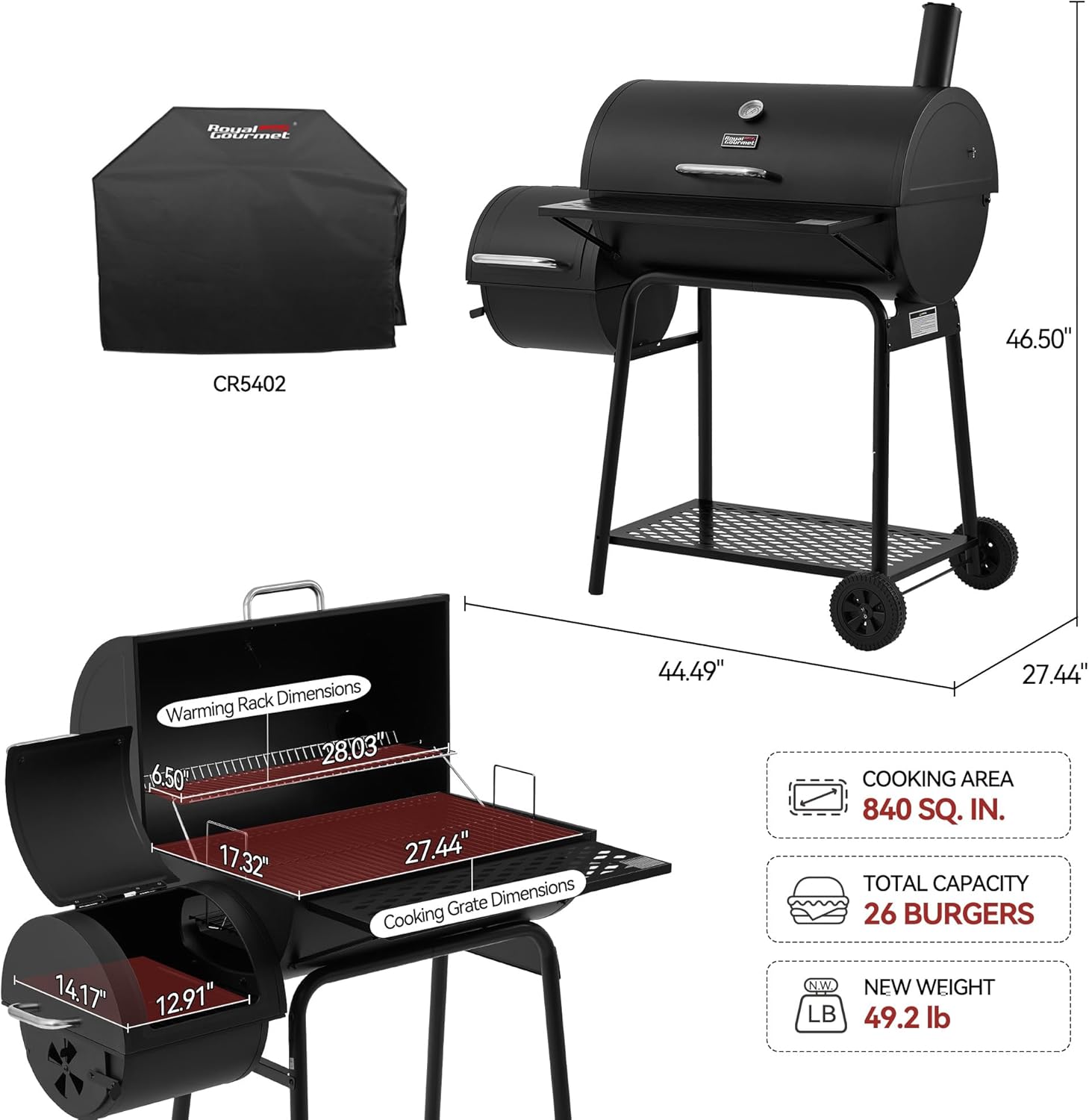 Royal Gourmet CC1830FC 28-Inch Barrel Charcoal Grill with Offset Smoker, 840 Sq. In. Cooking Area, Front Shelf, Charcoal Grill for Outdoor Grilling and Backyard Cooking, Black